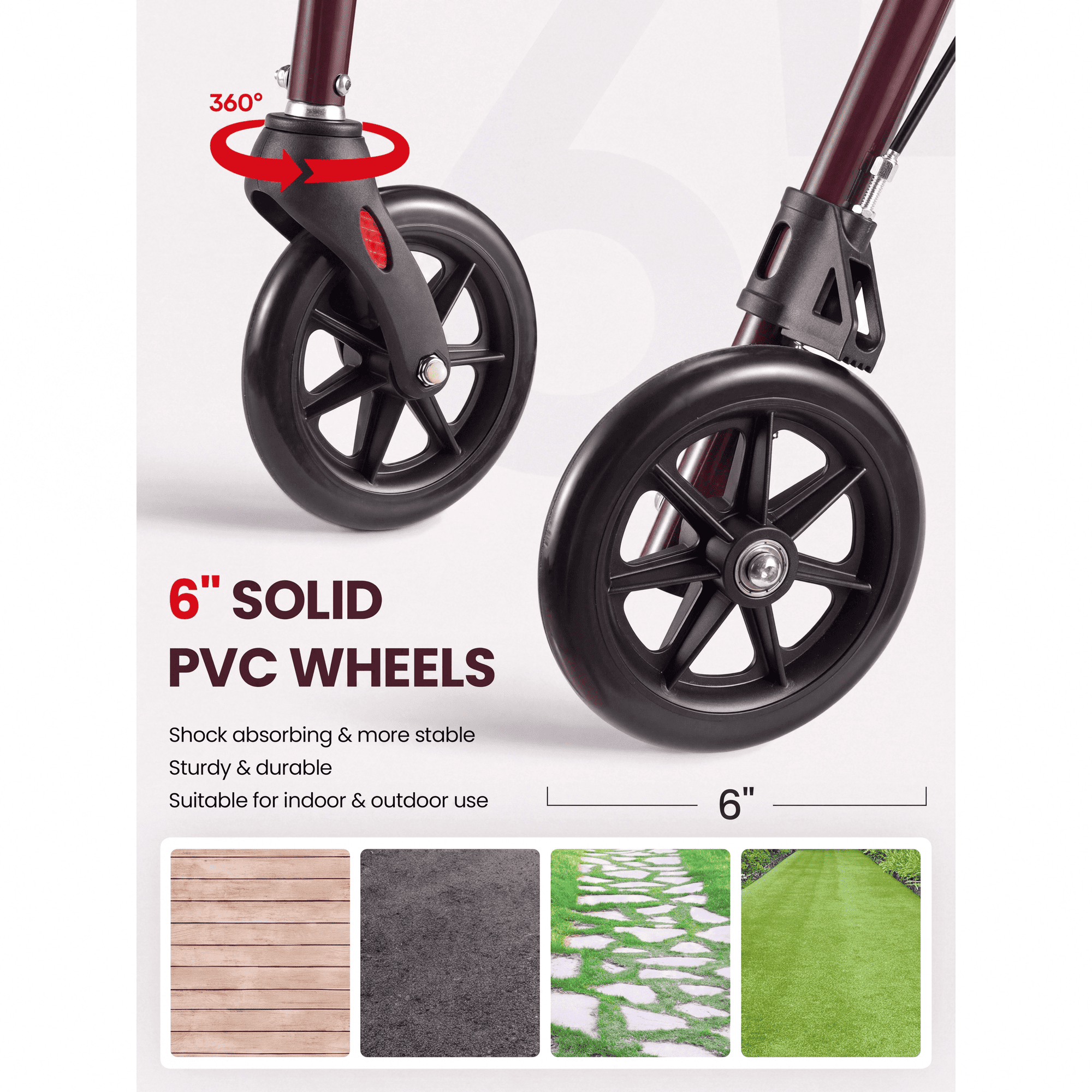 Naipo Mobility Rollator Walker for Seniors with Seat, Foldable Rolling Medical Walker with 6 inch Wheels, Aluminum Frame Supports Up to 300 lbs, Burgundy - NAIPO