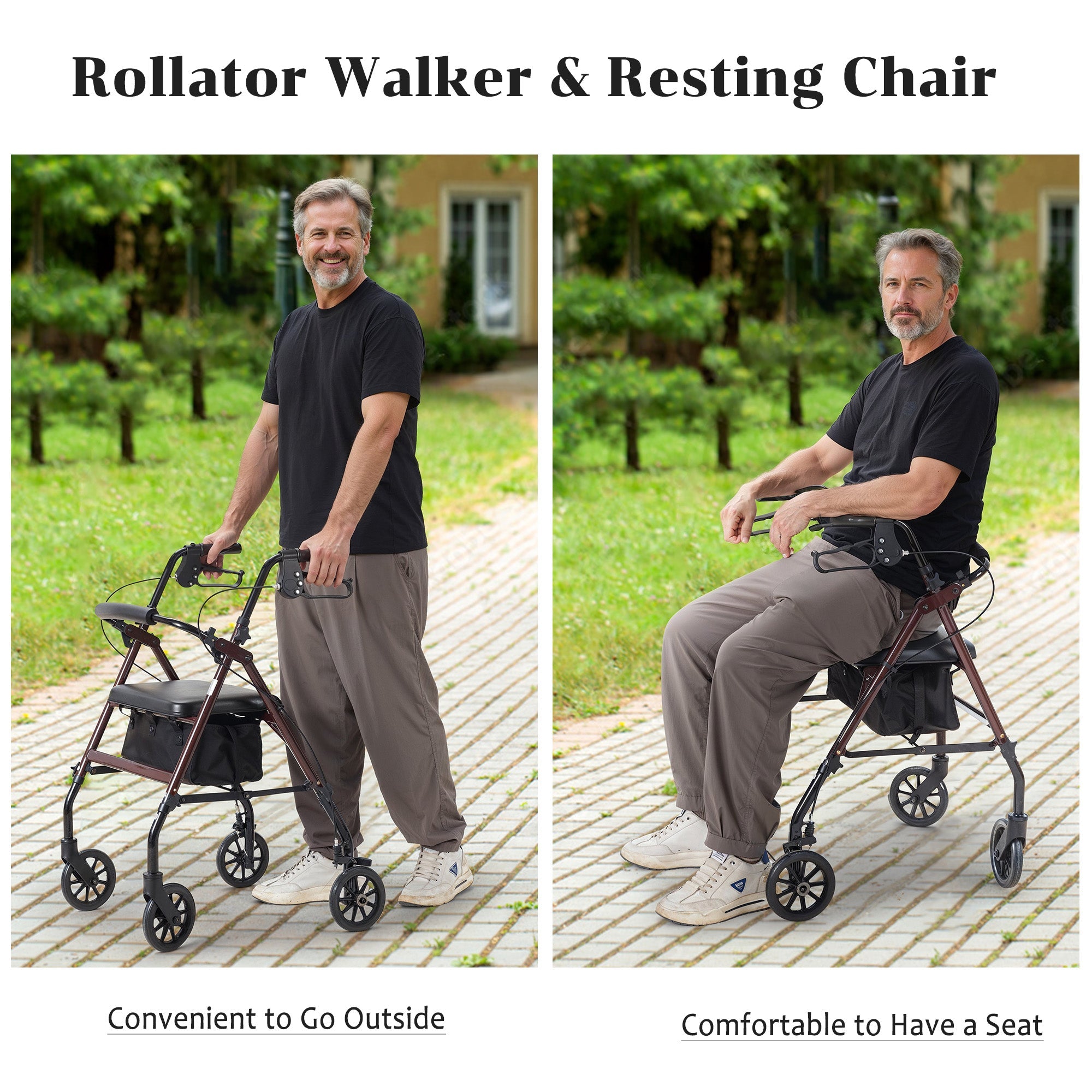 Naipo Mobility Rollator Walker for Seniors with Seat, Foldable Rolling Medical Walker with 6 inch Wheels, Aluminum Frame Supports Up to 300 lbs, Burgundy - NAIPO