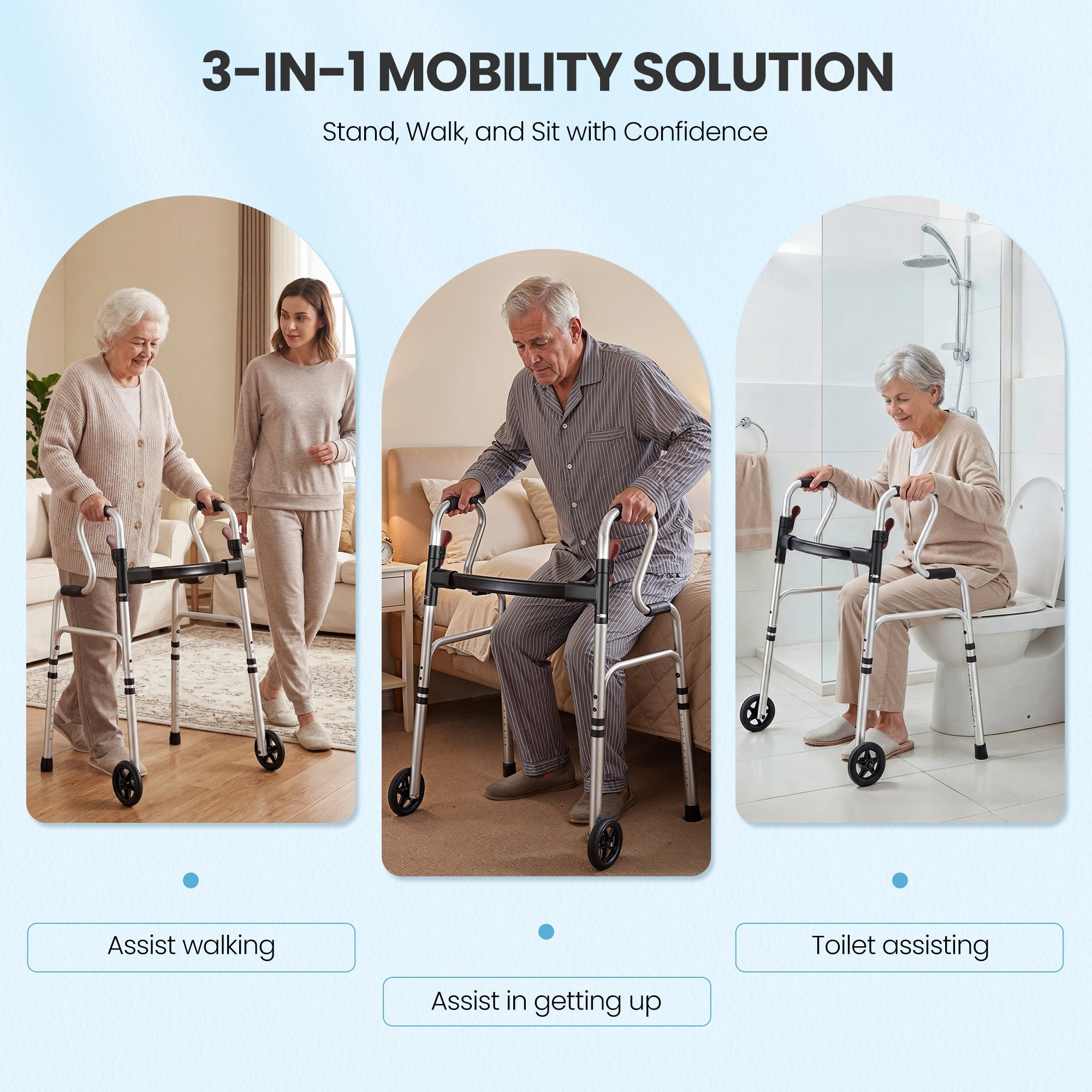 Naipo Narrow Folding Walker for Seniors 3 in 1 Folding Walker with 5 inches Front Wheels Width Adjustable Compact Standard Walker Support Up to 300lbs - NAIPO