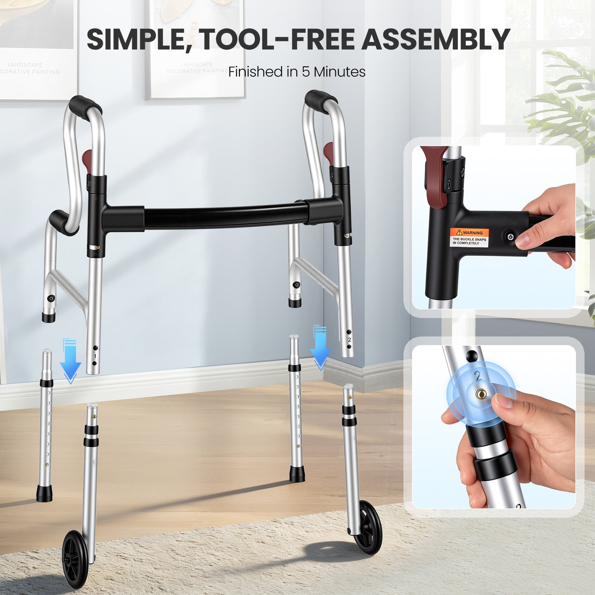 Naipo Narrow Folding Walker for Seniors 3 in 1 Folding Walker with 5 inches Front Wheels Width Adjustable Compact Standard Walker Support Up to 300lbs - NAIPO