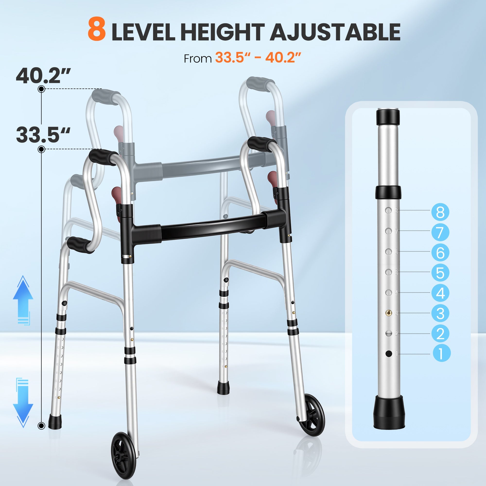 Naipo Narrow Folding Walker for Seniors 3 in 1 Folding Walker with 5 inches Front Wheels Width Adjustable Compact Standard Walker Support Up to 300lbs - NAIPO