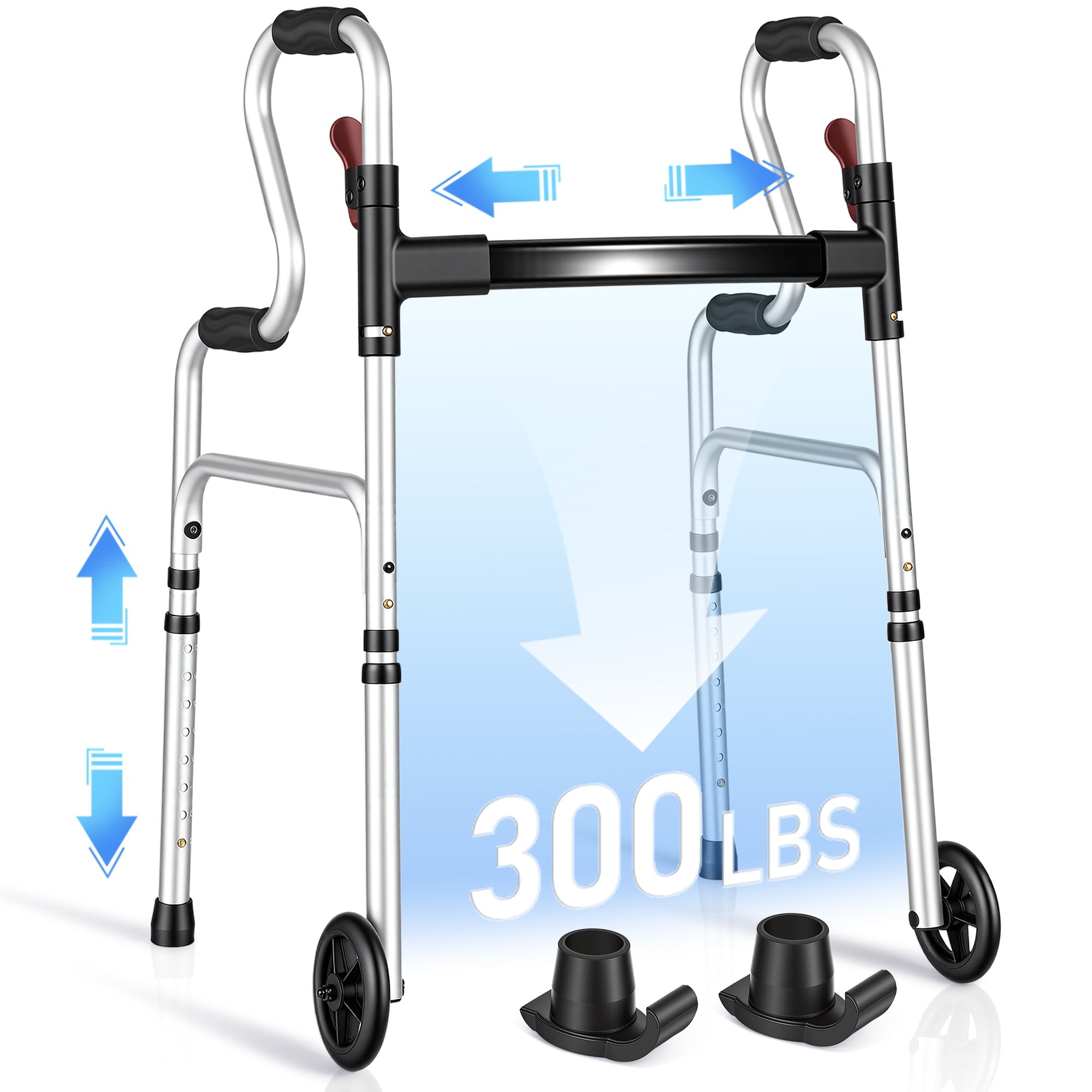 Naipo Narrow Folding Walker for Seniors 3 in 1 Folding Walker with 5 inches Front Wheels Width Adjustable Compact Standard Walker Support Up to 300lbs - NAIPO
