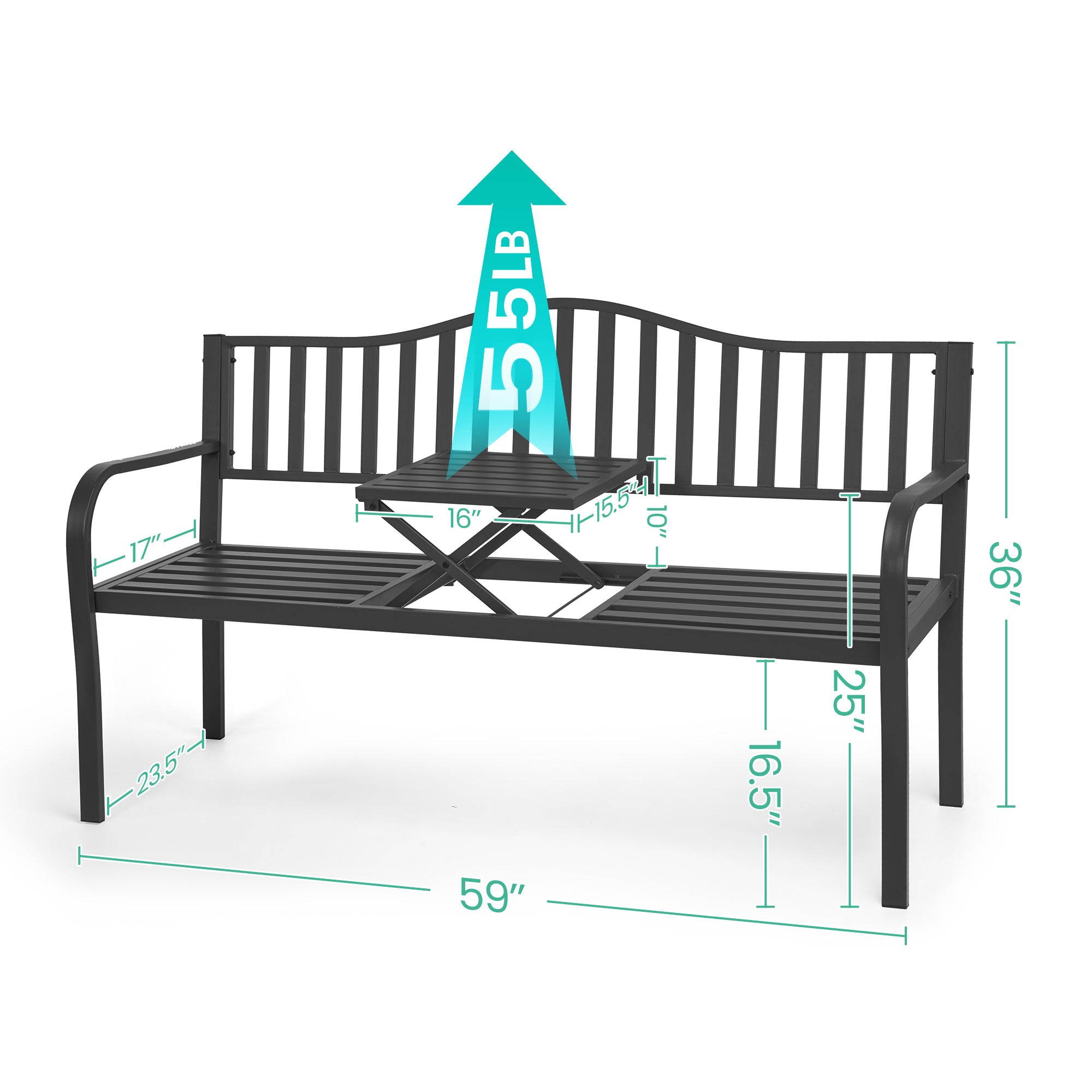 Naipo Outdoor Metal Garden Bench 59" Patio Bench with Built in Table Park Bench, Outside Bench Weather Proof Front Porch Bench, 500lbs - NAIPO