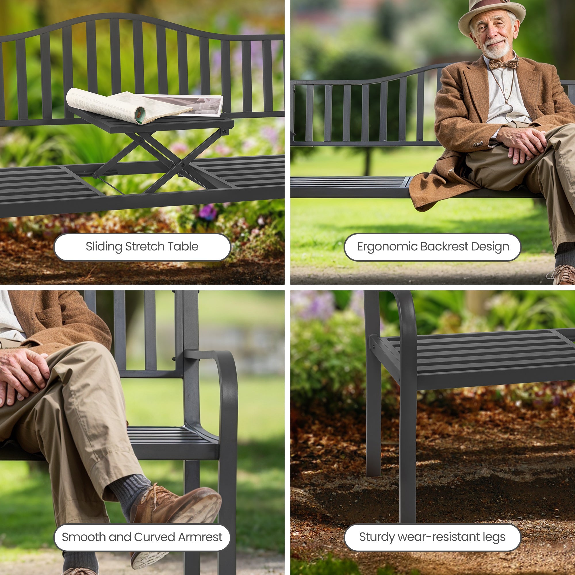 Naipo Outdoor Metal Garden Bench 59" Patio Bench with Built in Table Park Bench, Outside Bench Weather Proof Front Porch Bench, 500lbs - NAIPO