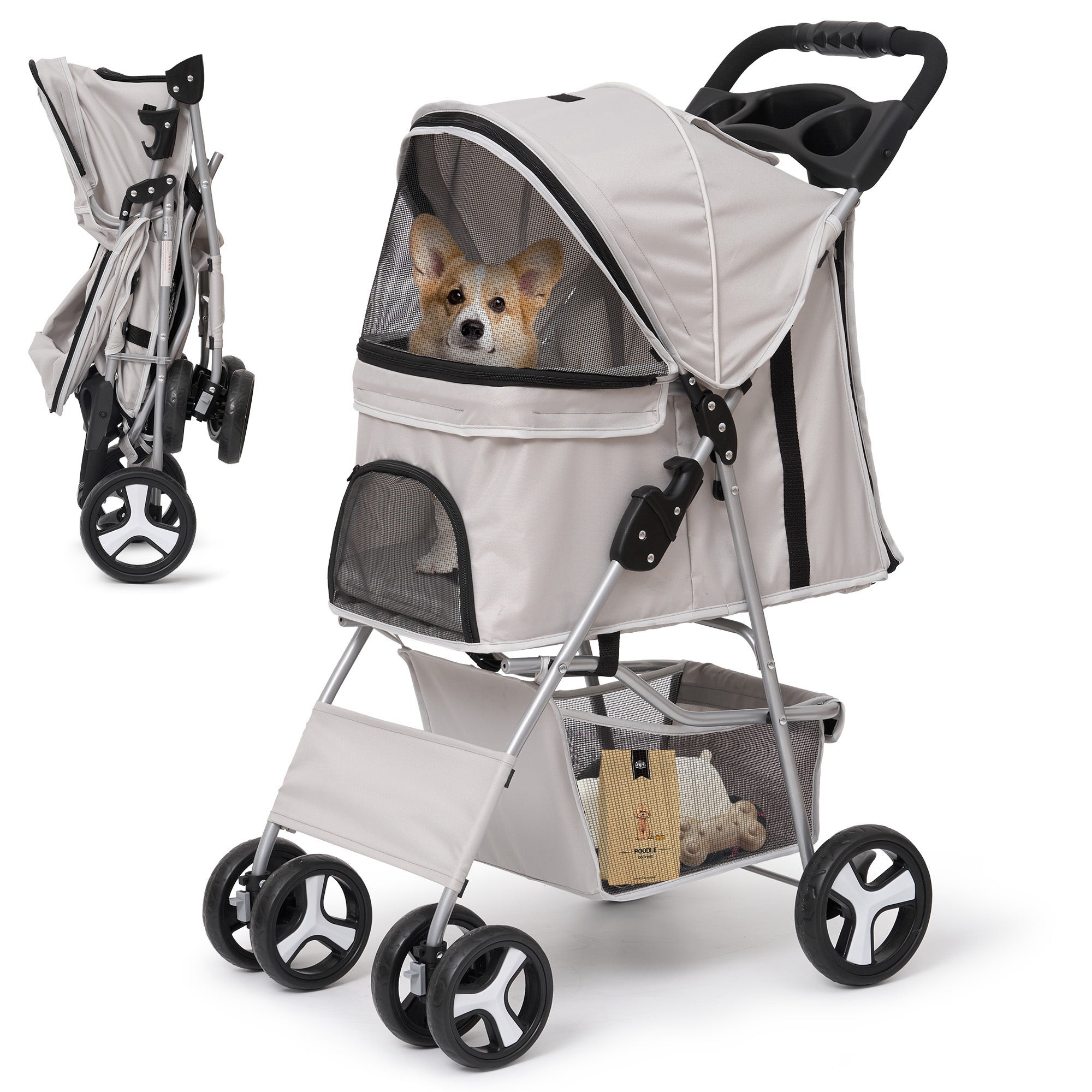 Naipo Pet Dog Stroller for Small Dogs and Cat, 4 Wheel Foldable Pet Stroller with Storage Basket, Travel, Jogger, Gray - NAIPO