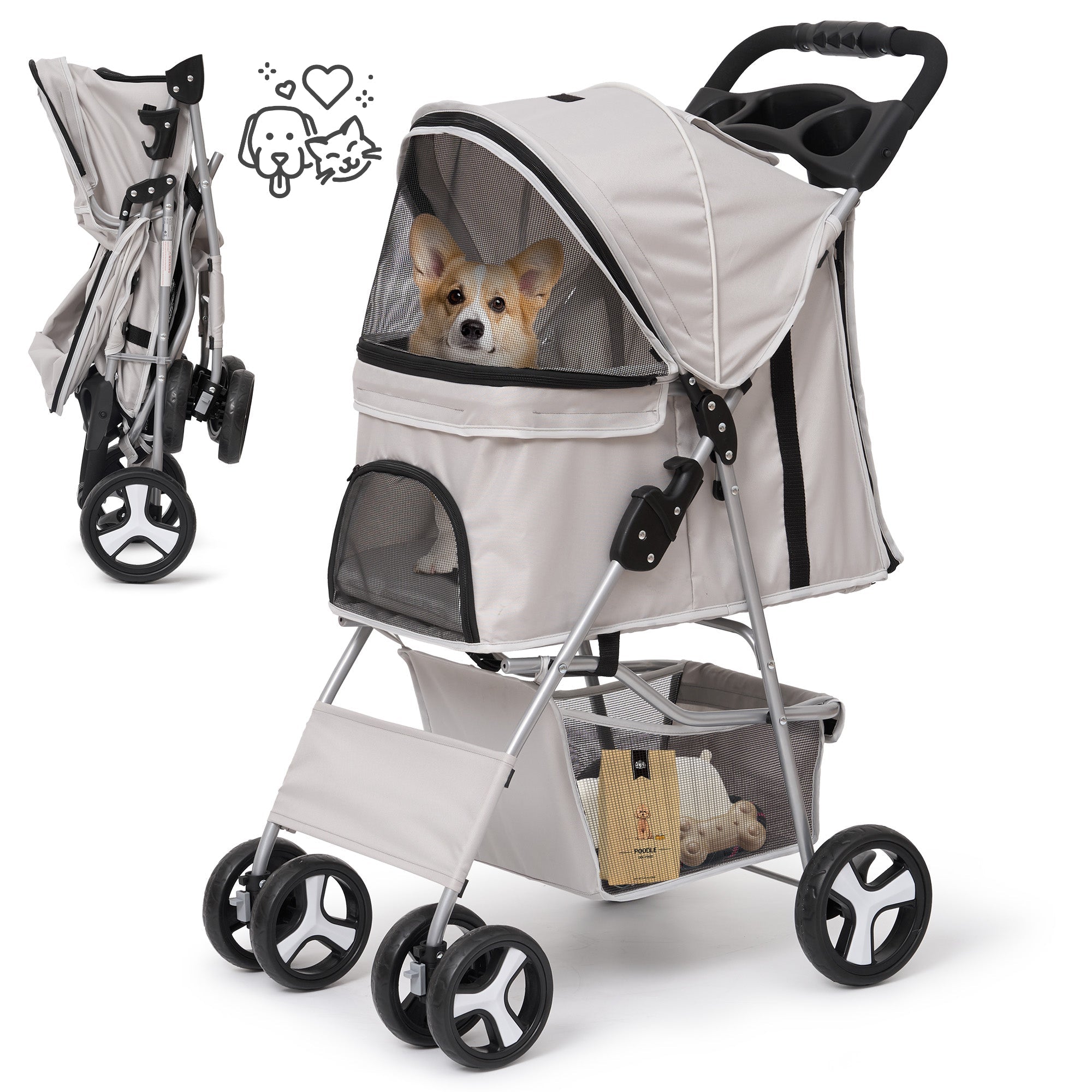 Naipo Pet Dog Stroller for Small Dogs and Cats,One - Click Folding 4 - Wheel Pet Stroller with Storage Basket/Cup Holder,for Travel/Jogging, Gray - NAIPO
