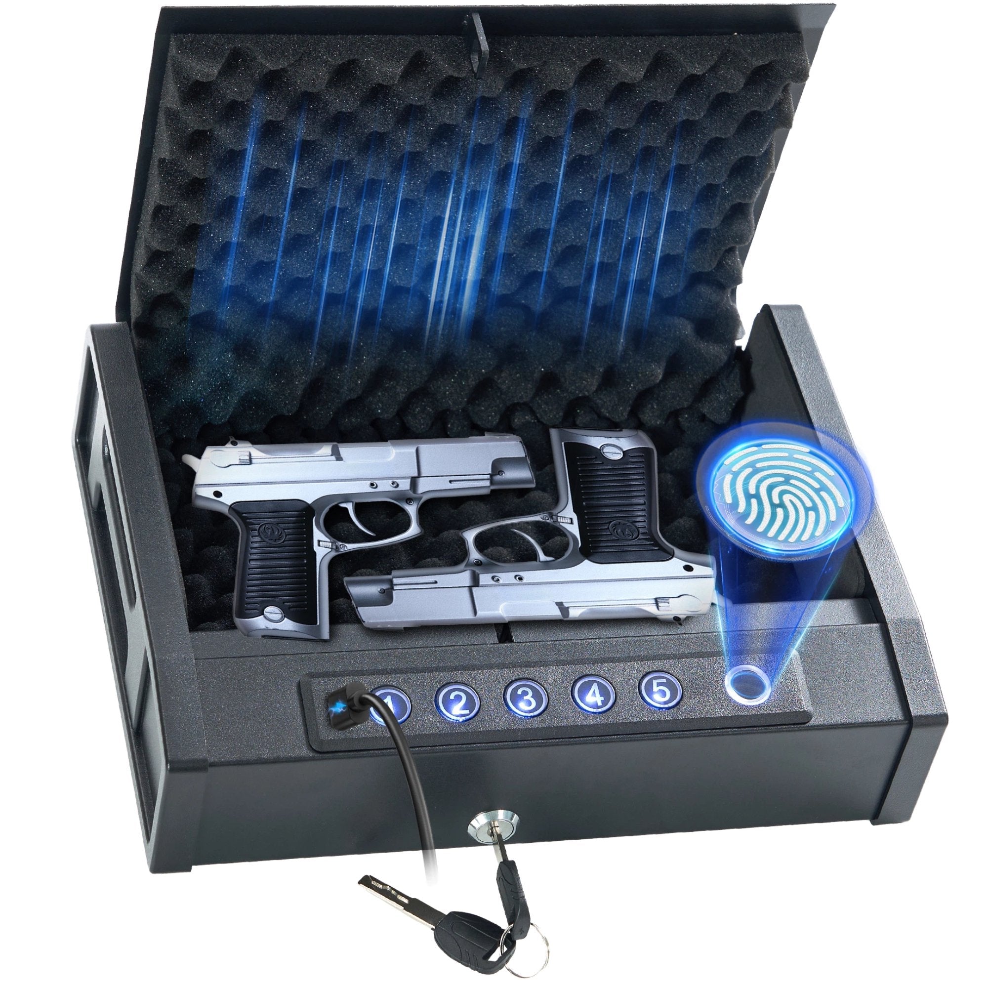 Naipo Portable Biometric Gun Safe, 3-Way Fingerprint Password Key Quick Access Handgun Safe Holds Up to 2 Pistols, Compact Small Gun Safe with Built-in LED Light for Bedside, Car, Travel & Home - NAIPO