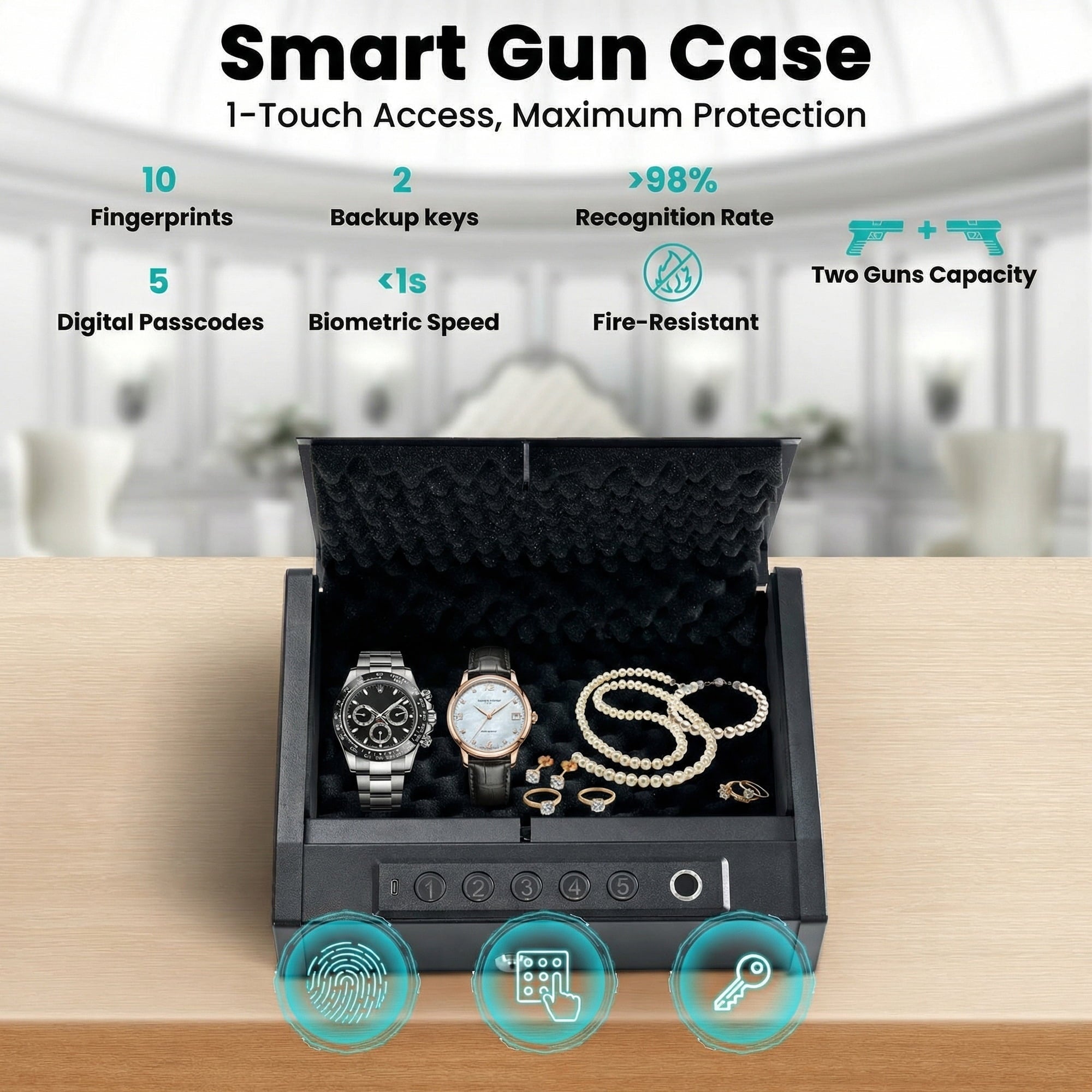 Naipo Portable Gun Safe for 2 Handgun with LED Display Pistols Safe 10 Fingerprint, 5 Password , 2 Keys Gun Safe with Biometric Home Office Handbag - NAIPO