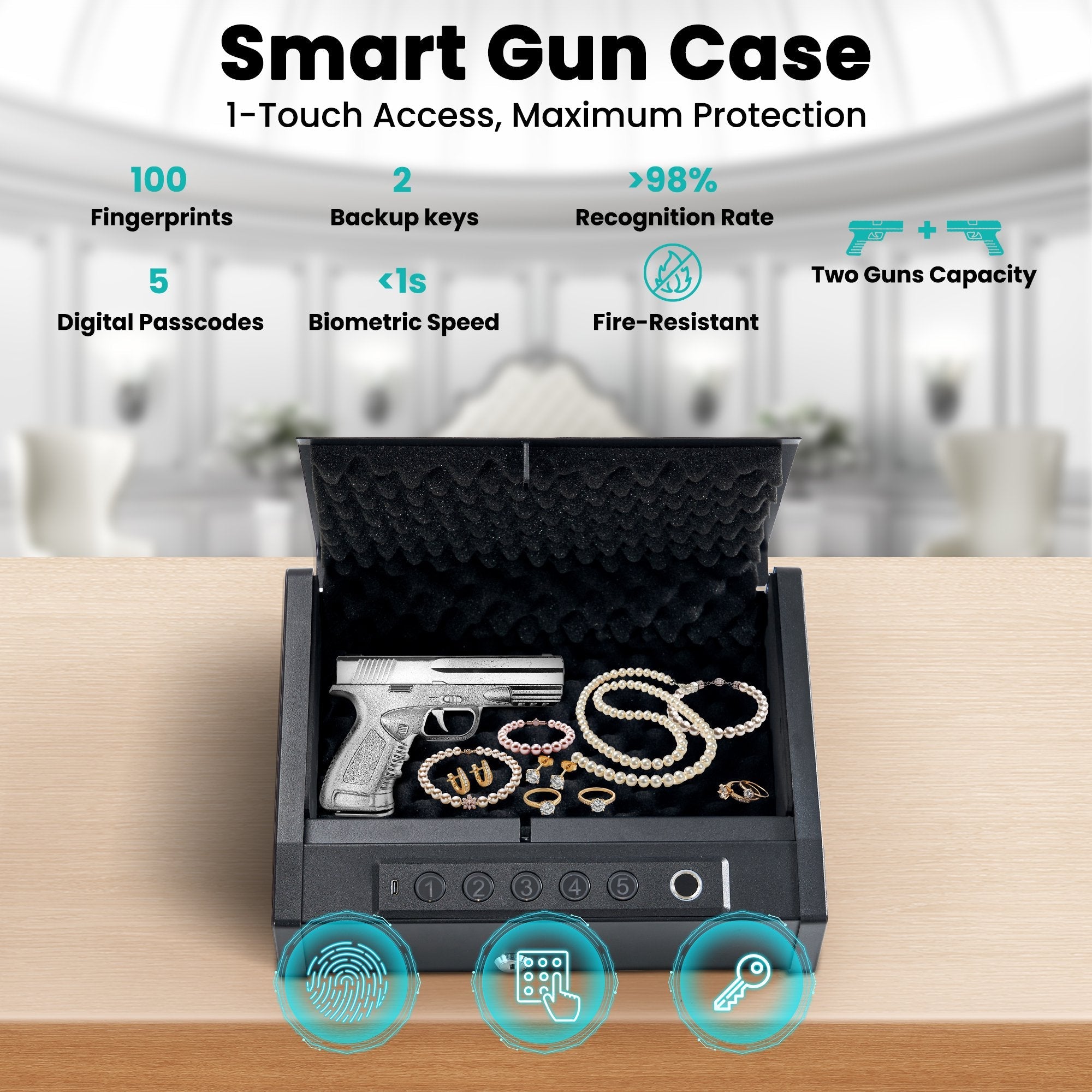 Naipo Portable Gun Safe for 2 Handgun with LED Display Pistols Safe 100 Fingerprint, 5 Passwords , 2 Keys Gun Safe with Biometric Home Office Handbag - NAIPO