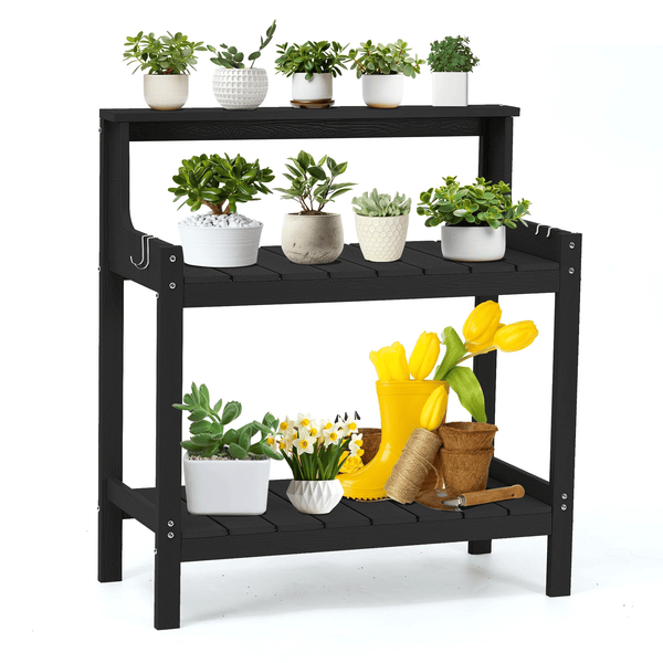 Naipo Potting Bench Table, HDPS Potting Bench with 4 Side Hooks, All-Weather Garden Table Work Station, Outdoor Potting Table for Porch(Black)