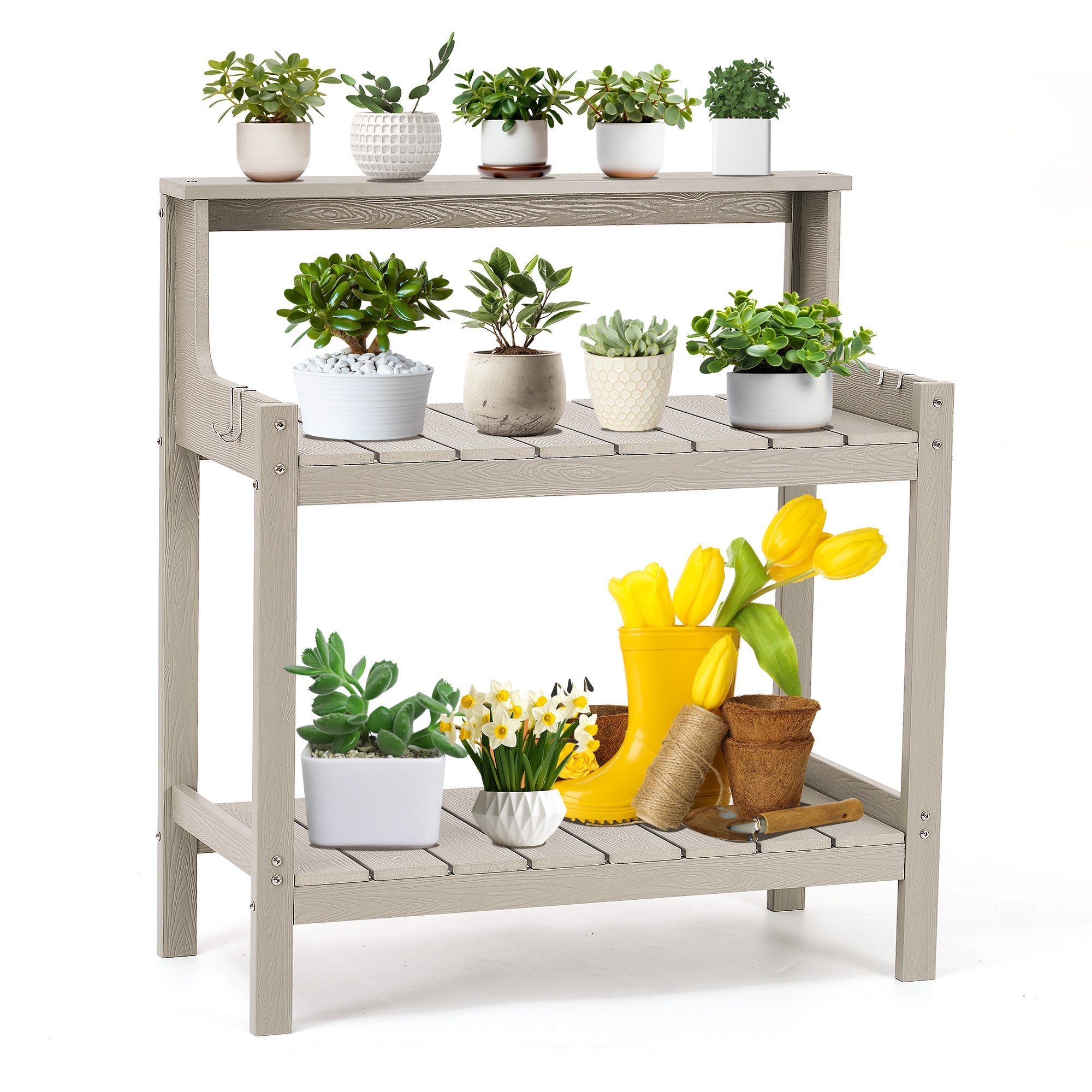 Naipo Potting Bench Table, HDPS Potting Bench with 4 Side Hooks, All - Weather Garden Table Work Station, Outdoor Potting Table for Porch(Grey) - NAIPO