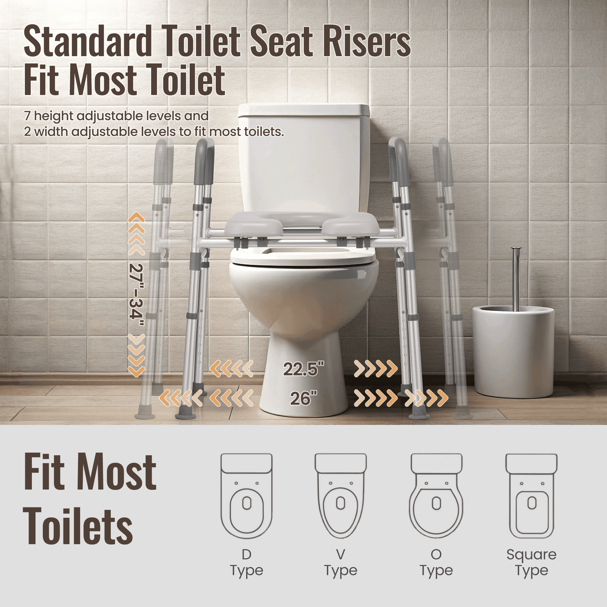 Naipo Raised Toilet Seat with Handles & Padded, Toilet Seat Risers for Seniors and Pregnant, Supports Up to 300Lbs, Gray