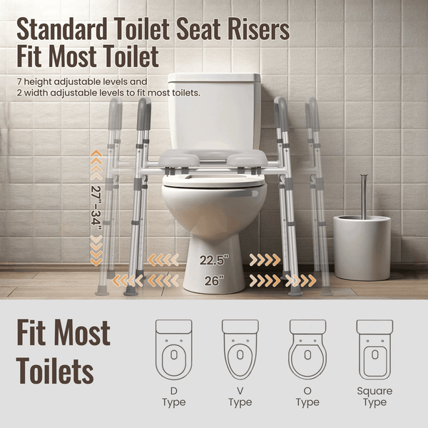 Naipo Raised Toilet Seat with Handles & Padded, Toilet Seat Risers for Seniors and Pregnant, Supports Up to 300Lbs, Gray