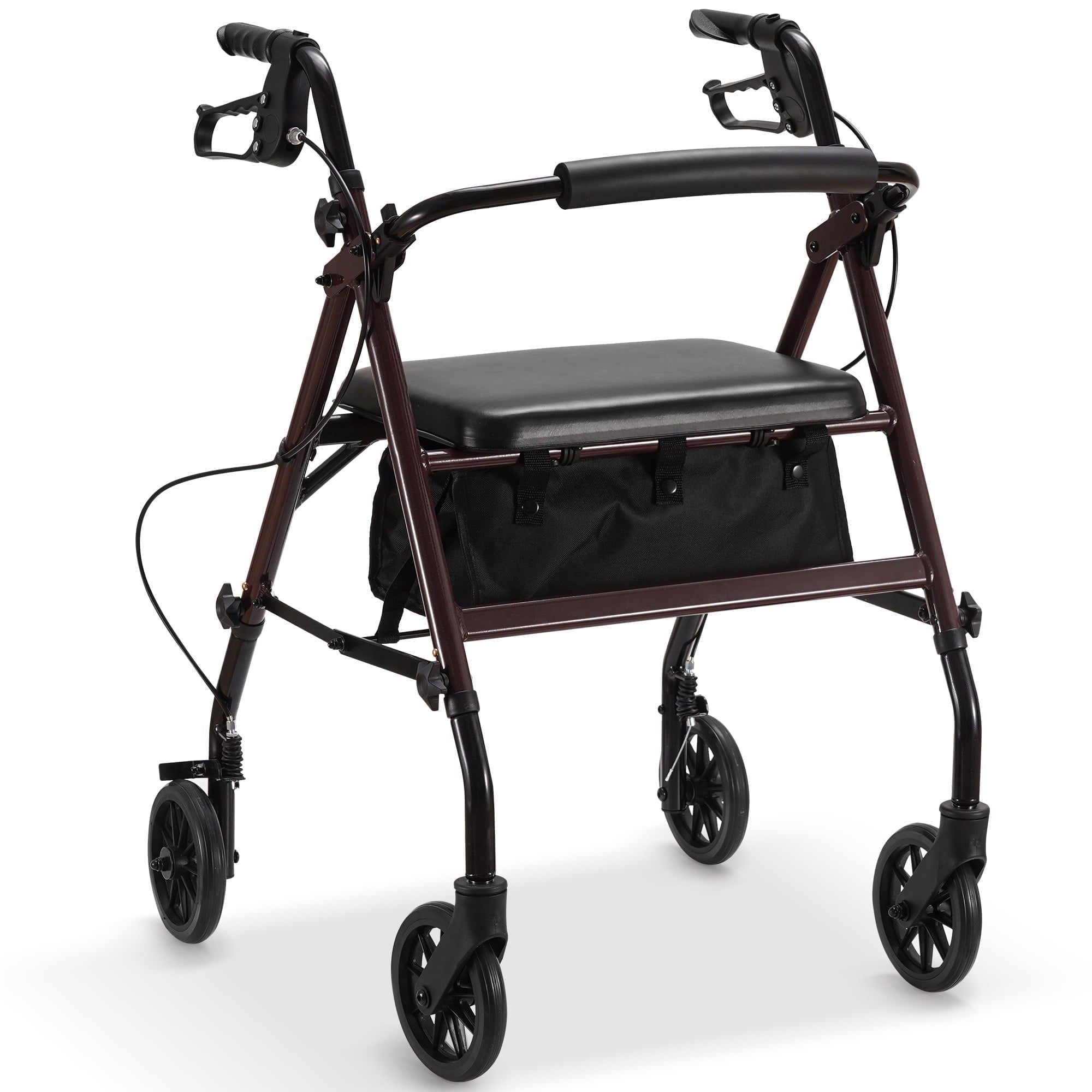 Naipo Rollator Walker with Seat, Steel Folding Rolling Medical Walker with 6 Inch Wheels, Supports up to 350 lbs, Burgundy Frame - NAIPO