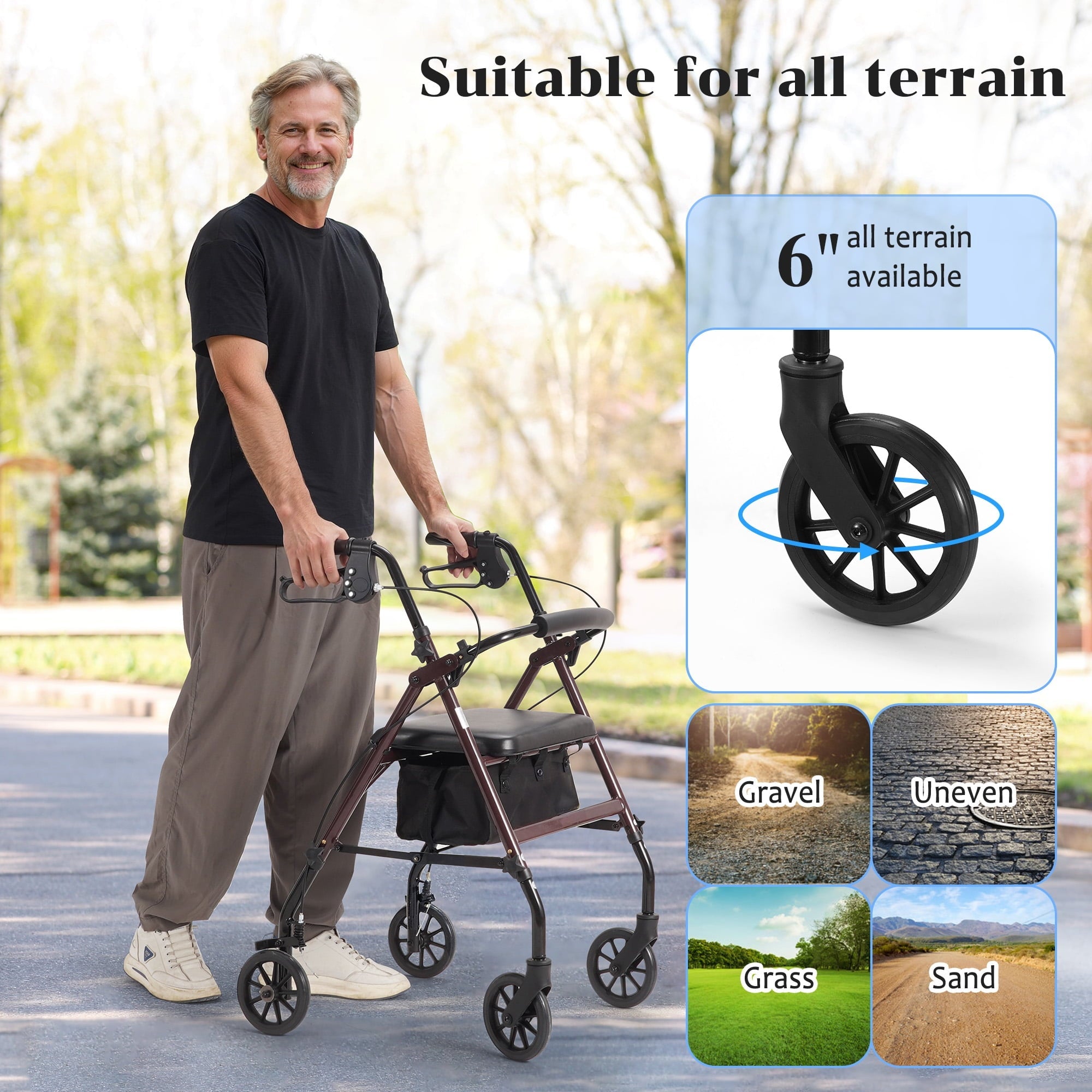 Naipo Rollator Walker with Seat, Steel Folding Rolling Medical Walker with 6 Inch Wheels, Supports up to 350 lbs, Burgundy Frame - NAIPO