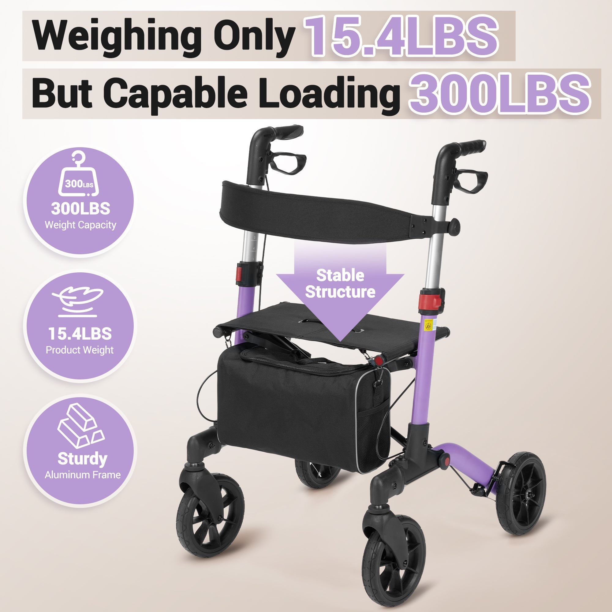 Naipo Rolling Walker with Seat and Brakes,300LBS Foldable Mobility Walking Aid for Seniors,8'' Big Wheels,Rolling Walker with Adjustable Handles - NAIPO