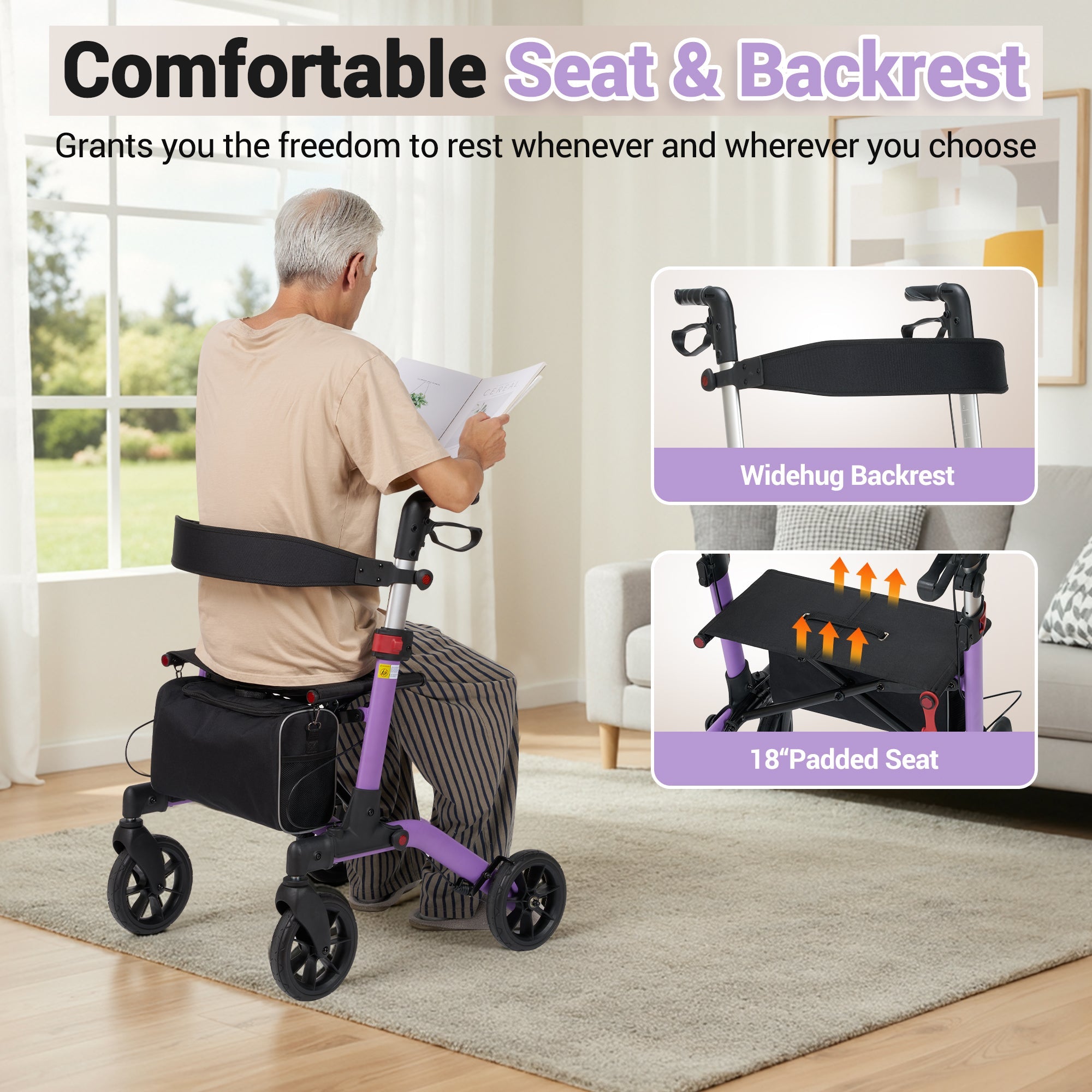 Naipo Rolling Walker with Seat and Brakes,300LBS Foldable Mobility Walking Aid for Seniors,8'' Big Wheels,Rolling Walker with Adjustable Handles - NAIPO