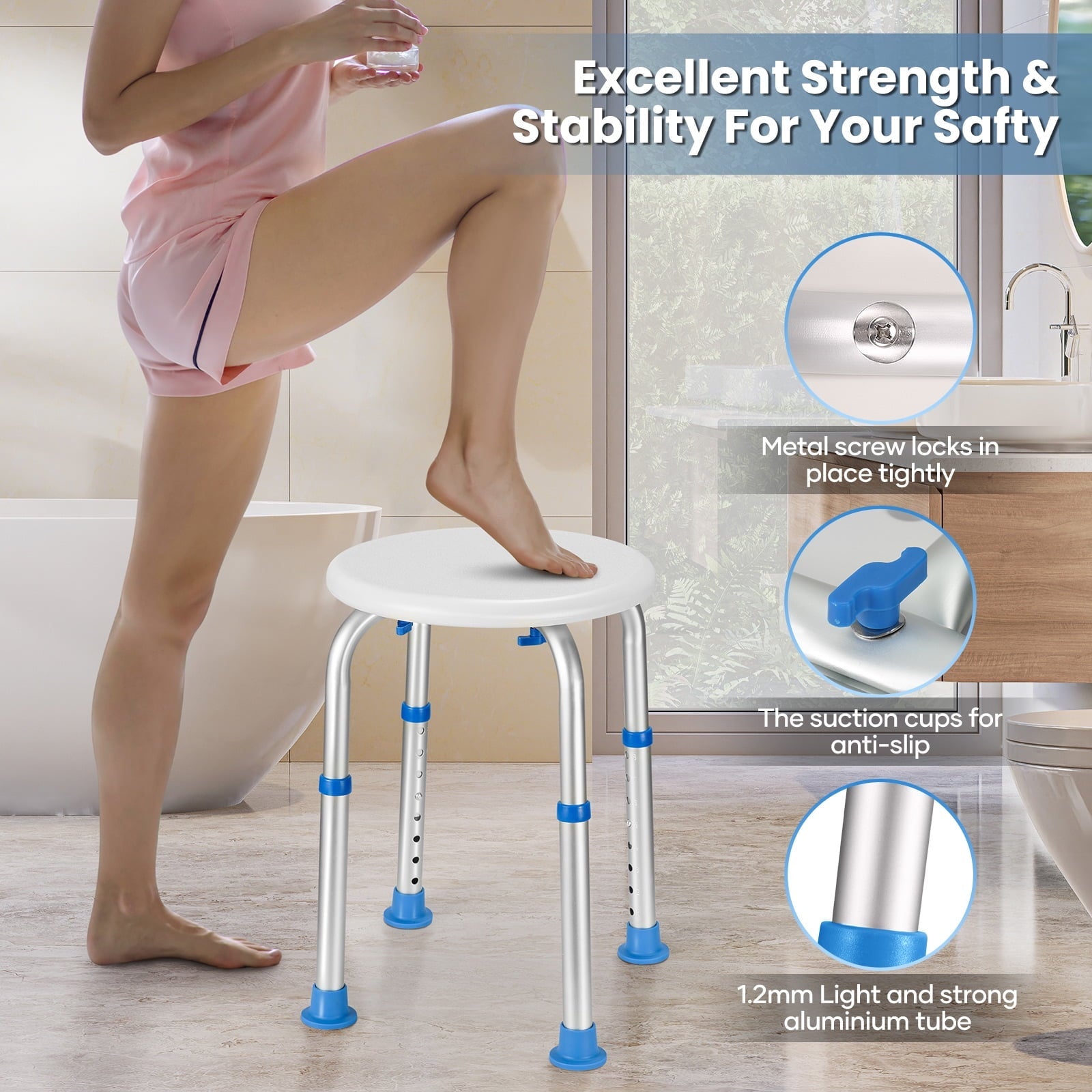 Naipo Shower Chair Bathtub Stool Seat w/ Anti-Slip Rubber, Adjustable Lightweight for Seniors, Disabled, Handicap, Tool-Free Assembly, Blue - NAIPO