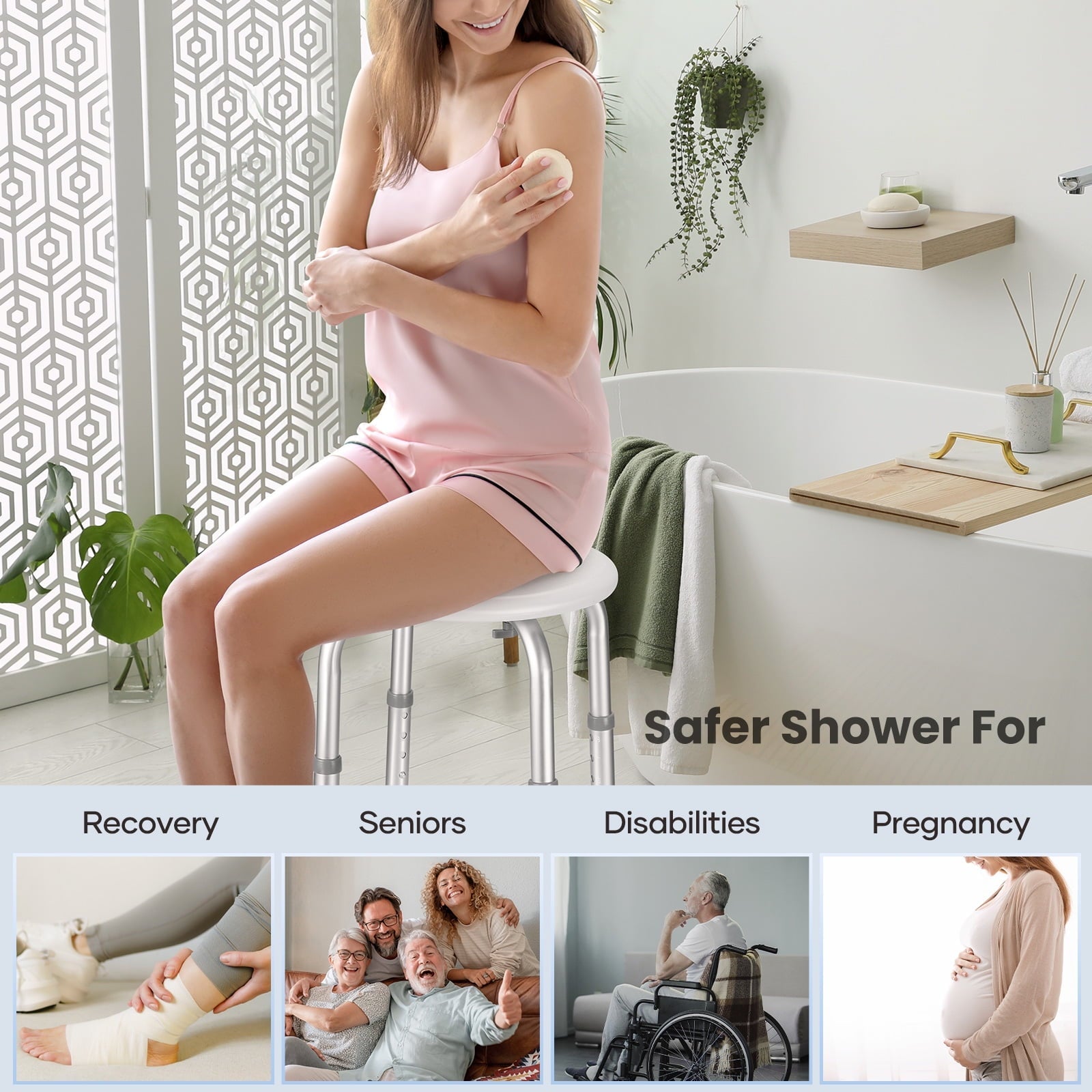 Naipo Shower Chair Bathtub Stool Seat w/ Anti-Slip Rubber, Adjustable Lightweight for Seniors, Disabled, Handicap, Tool-Free Assembly, Gray - NAIPO