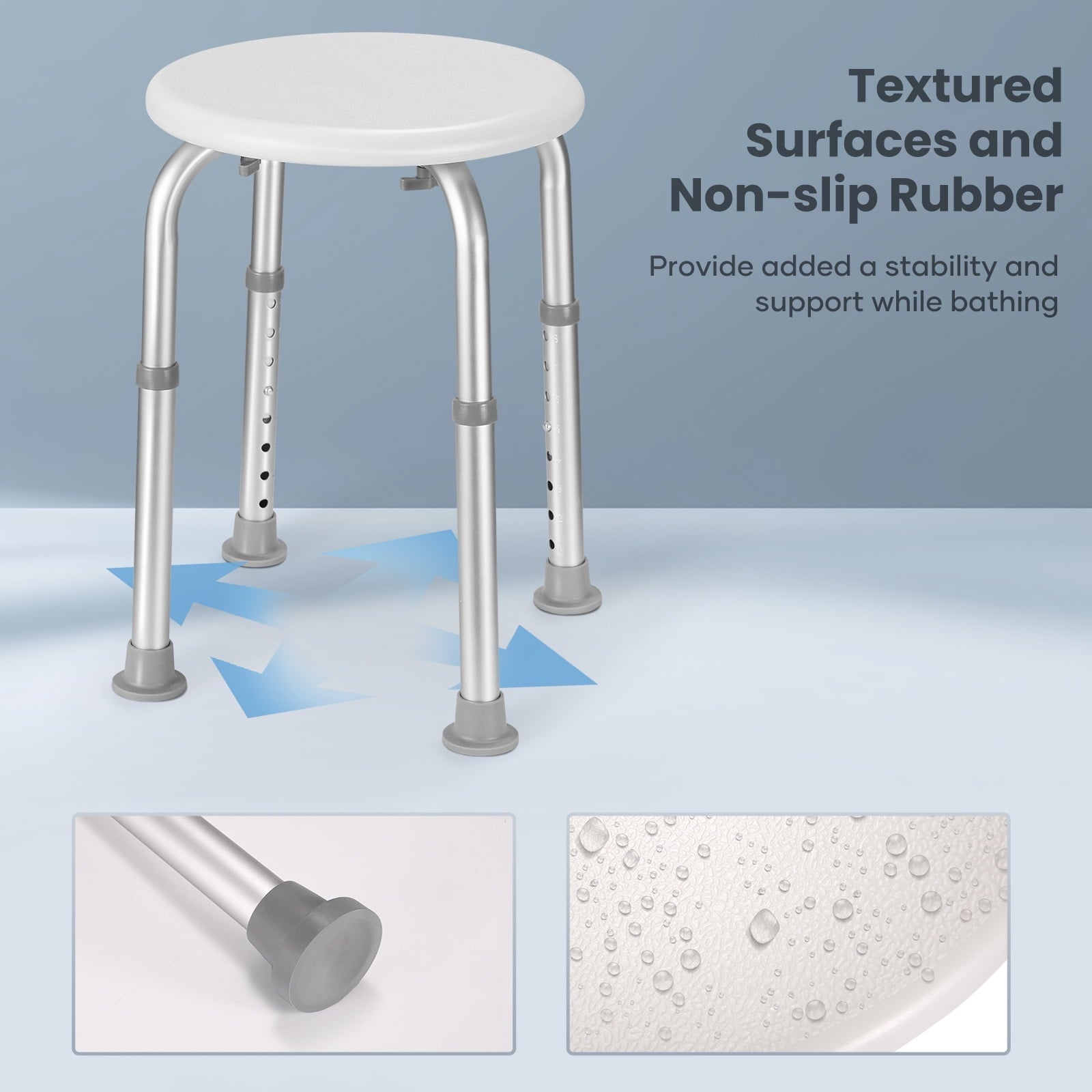 Naipo Shower Chair Bathtub Stool Seat w/ Anti-Slip Rubber, Adjustable Lightweight for Seniors, Disabled, Handicap, Tool-Free Assembly, Gray - NAIPO