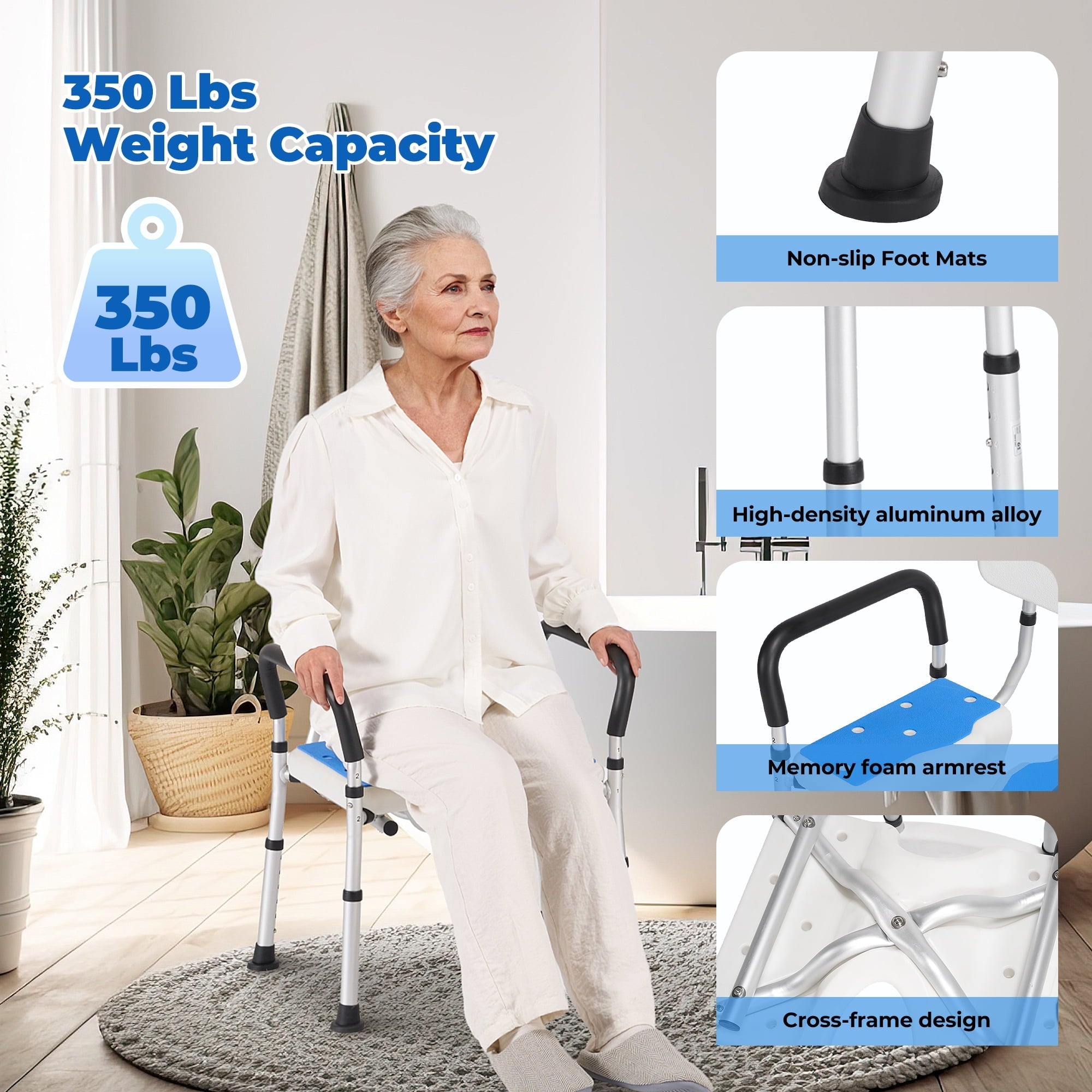 Naipo Shower Chair for Inside Shower with Arms and Back, Anti-Slip Bath Seat with U-Shape Groove Cutout for Private Cleaning - NAIPO