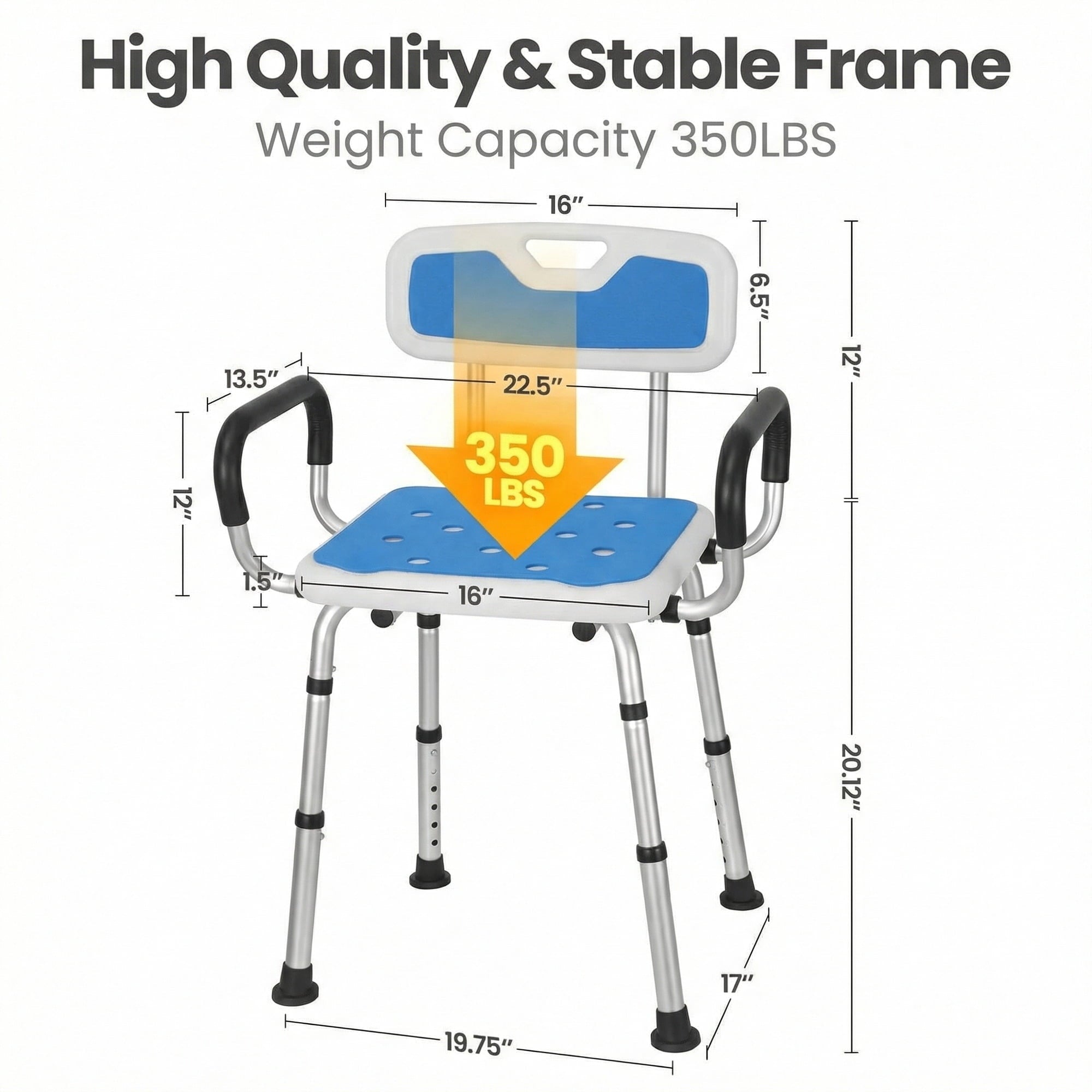 Naipo Shower Chair with Arms, Back and EVA Pads, Height Adjustable Safety Bath Stool for Bariatric, Handicap, Disabled Elderly Seniors - NAIPO