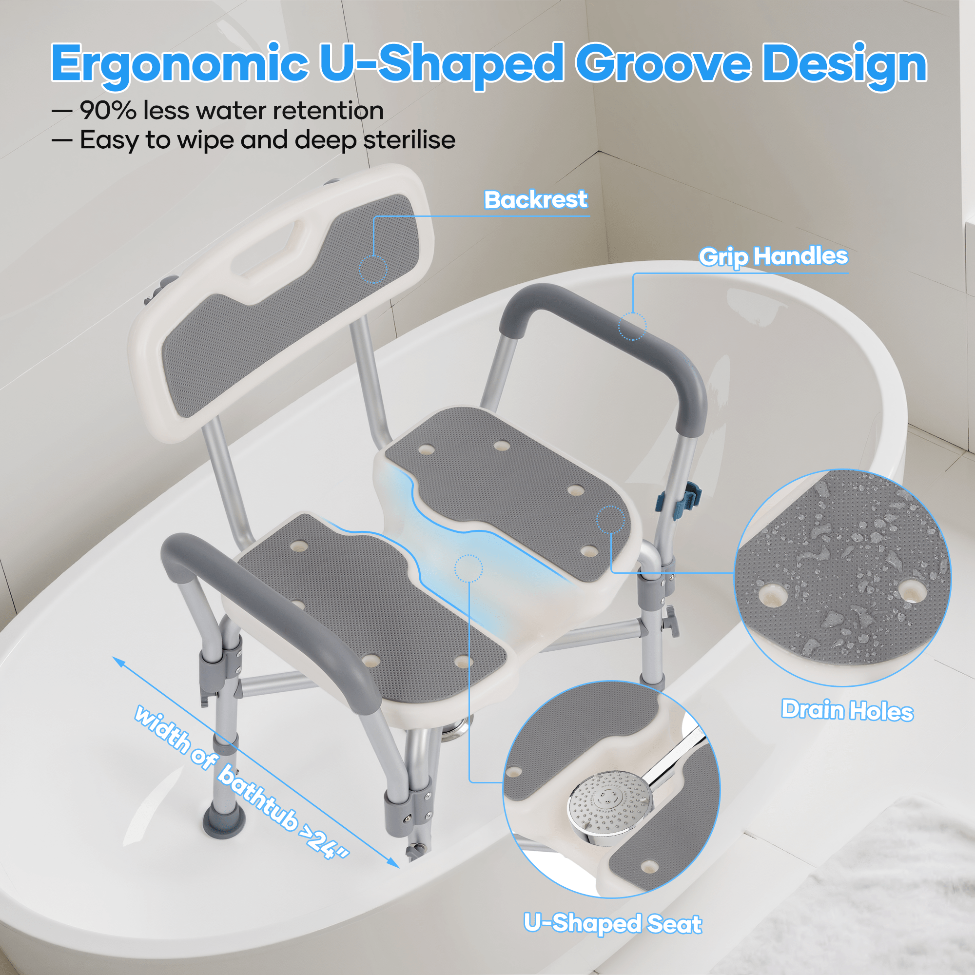 Naipo Shower Chair with Back & Armrests,600lbs Height Adjustable Bath Seat for Inside Shower,Bath Stool Safety Shower Bench with Reinforced Crossing Bar for Elderly,Handicap - NAIPO