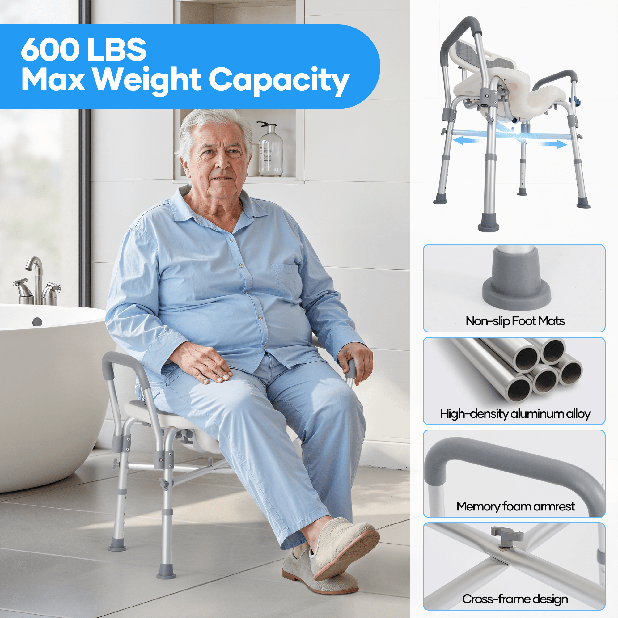 Naipo Shower Chair with Back & Armrests,600lbs Height Adjustable Bath Seat for Inside Shower,Bath Stool Safety Shower Bench with Reinforced Crossing Bar for Elderly,Handicap - NAIPO
