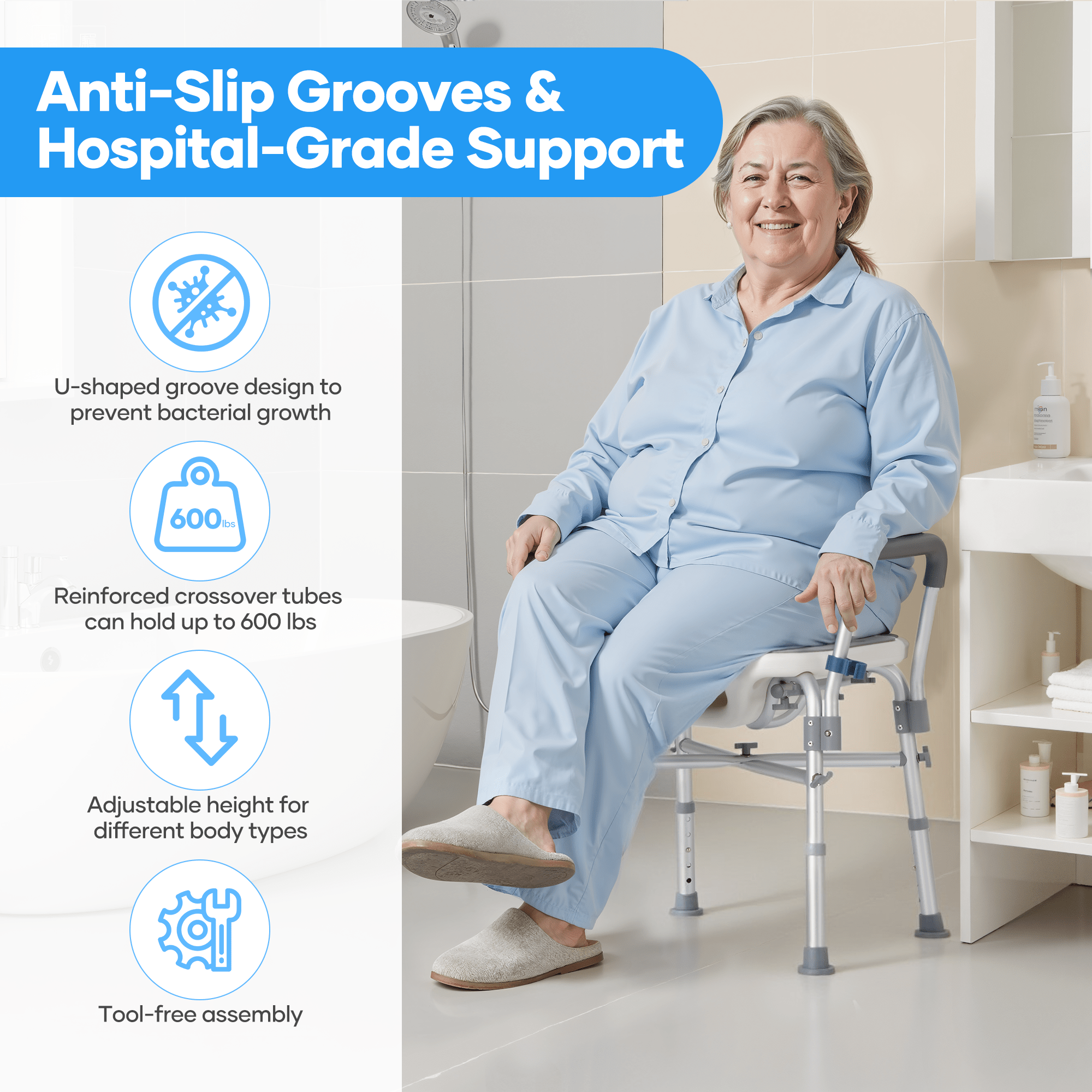 Naipo Shower Chair with Back & Armrests,600lbs Height Adjustable Bath Seat for Inside Shower,Bath Stool Safety Shower Bench with Reinforced Crossing Bar for Elderly,Handicap - NAIPO