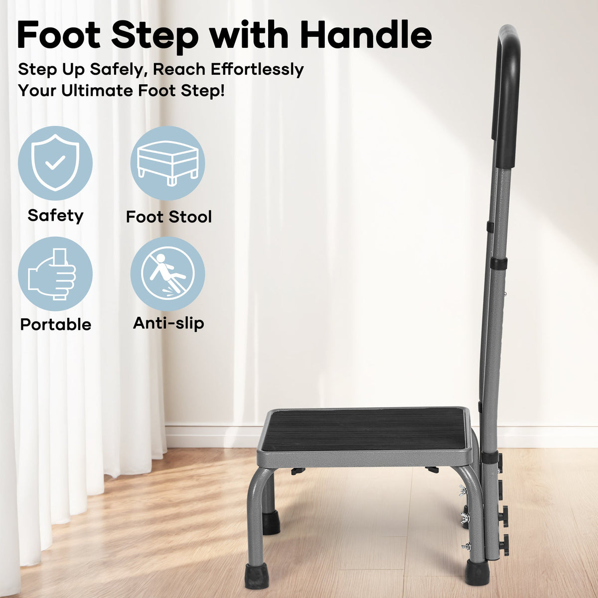 Naipo Step Stools for Adults Medical Footstool with handle for Seniors, Non-Slip Platform Adjustable Height Bedside Stair Stool Steel Holds up to 300 lbs, Gray - NAIPO