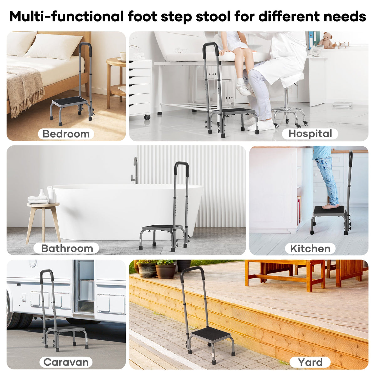 Naipo Step Stools for Adults Medical Footstool with handle for Seniors, Non-Slip Platform Adjustable Height Bedside Stair Stool Steel Holds up to 300 lbs, Gray - NAIPO