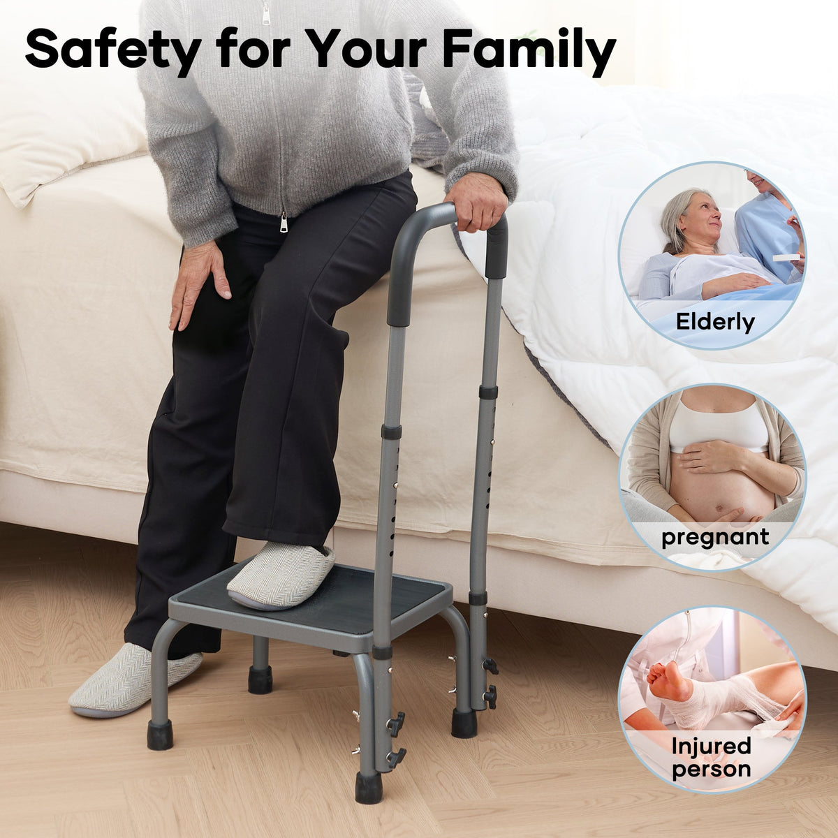 Naipo Step Stools for Adults Medical Footstool with handle for Seniors, Non-Slip Platform Adjustable Height Bedside Stair Stool Steel Holds up to 300 lbs, Gray - NAIPO