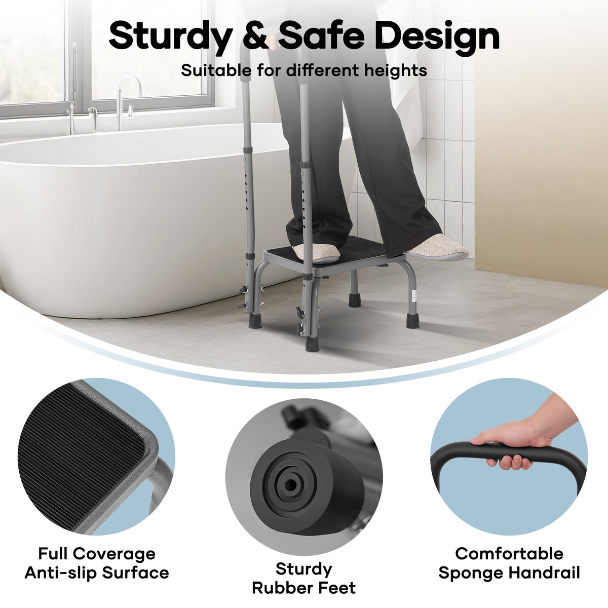 Naipo Step Stools for Adults Medical Footstool with handle for Seniors, Non-Slip Platform Adjustable Height Bedside Stair Stool Steel Holds up to 300 lbs, Gray - NAIPO