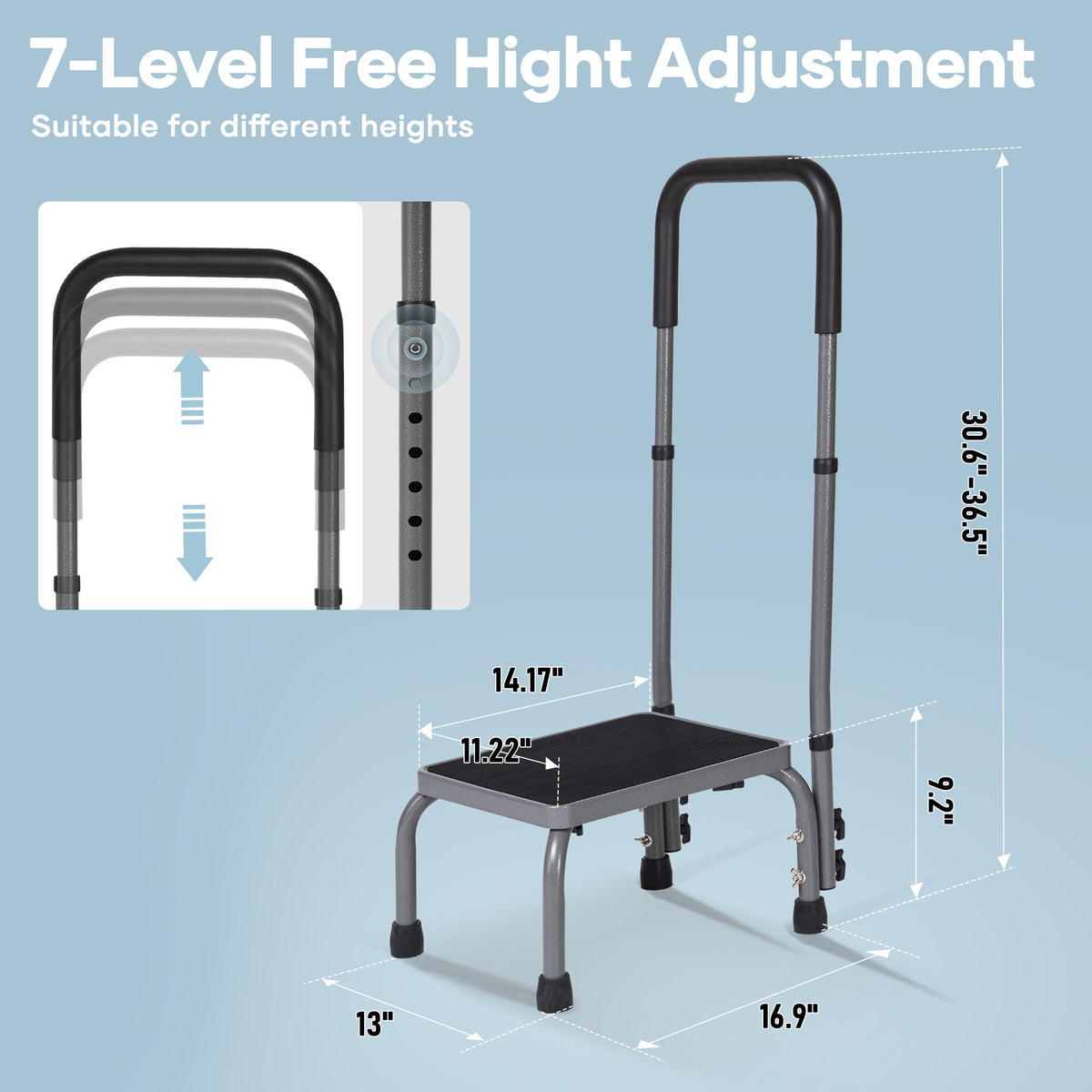 Naipo Step Stools for Adults Medical Footstool with handle for Seniors, Non-Slip Platform Adjustable Height Bedside Stair Stool Steel Holds up to 300 lbs, Gray - NAIPO