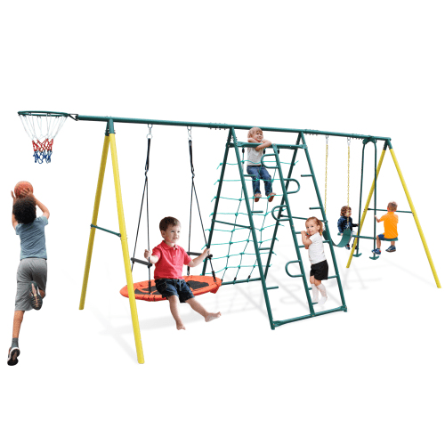 Naipo Swing Set for Backyard 6-in-1 Metal Playground Sets for Backyards Outdoor Playset for Kids: Saucer Swing, Belt Swing, Glider, Climbing Net, Basketball Hoop - 700 lbs Capacity Outside, Green