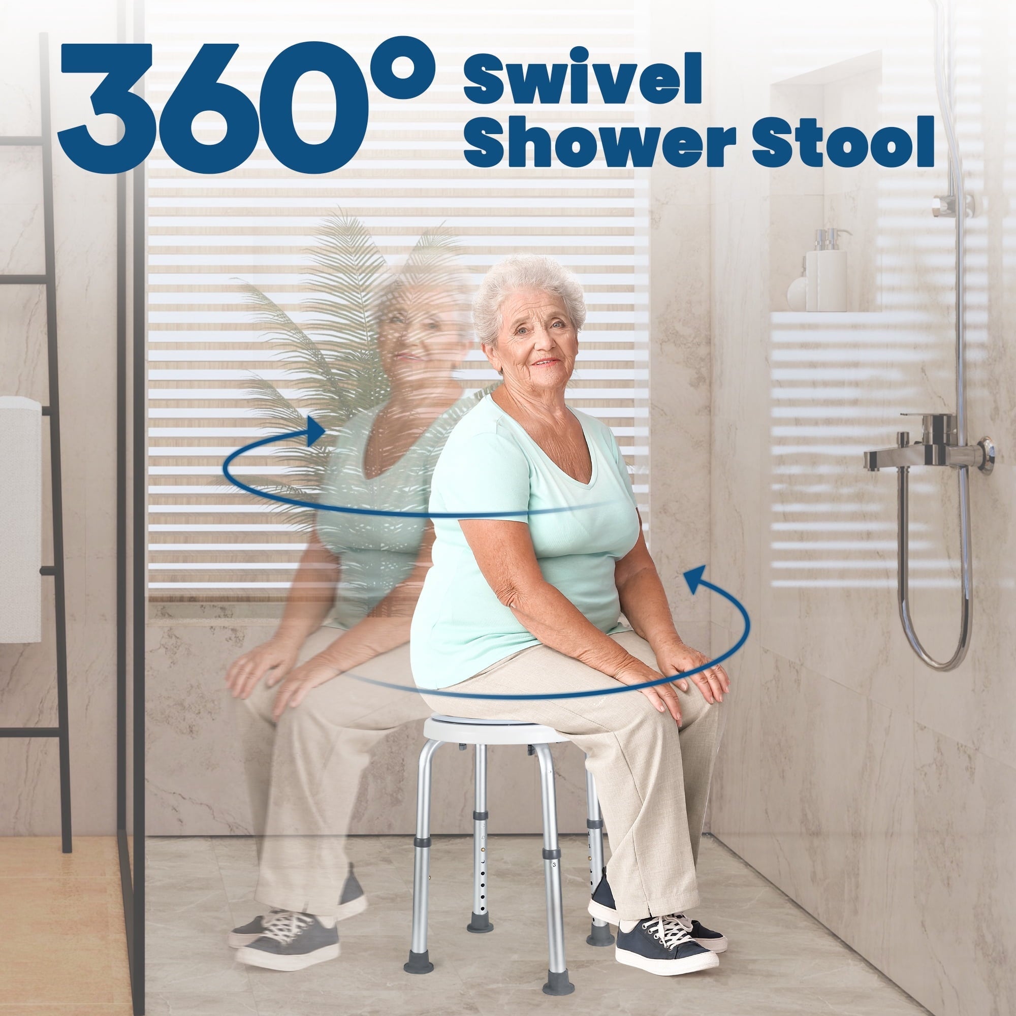 Naipo Swivel Shower Chair Stool with Grab Bar for Elderly Disabled Adults Handicap, Safety Non-Slip Adjustable Bathtub Seat Bench, Blue - NAIPO