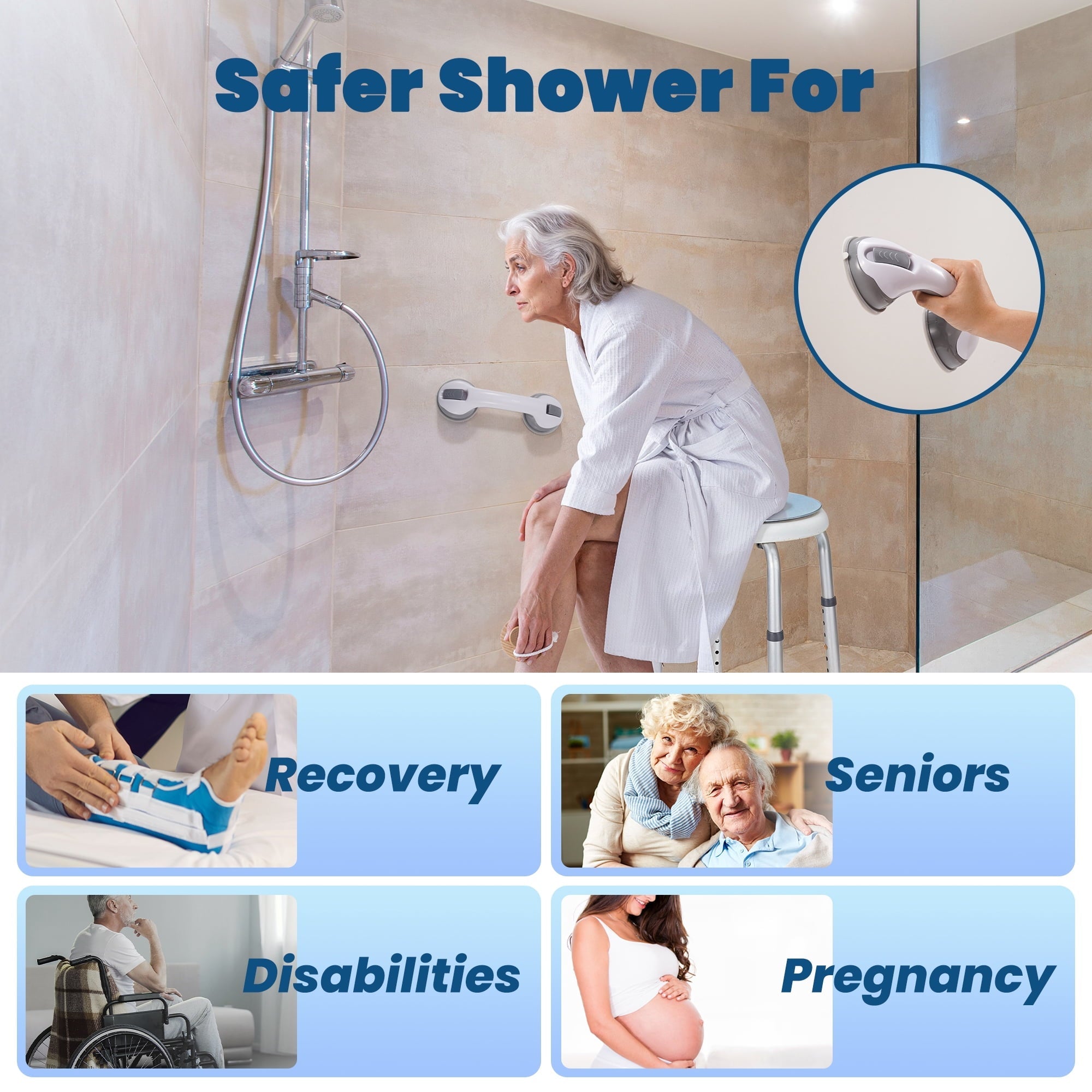 Naipo Swivel Shower Chair Stool with Grab Bar for Elderly Disabled Adults Handicap, Safety Non-Slip Adjustable Bathtub Seat Bench, Blue - NAIPO