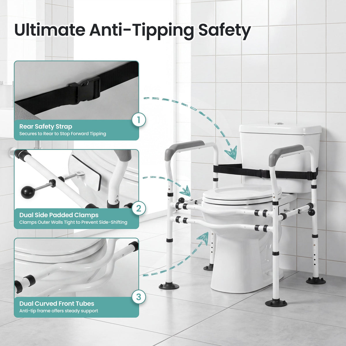 Naipo Toilet Safety Rail for Seniors, Adjustable Height and Width, Non-Slip Handles, Suction Cup Feet with Secure Strap, Supports up to 330 lbs - NAIPO