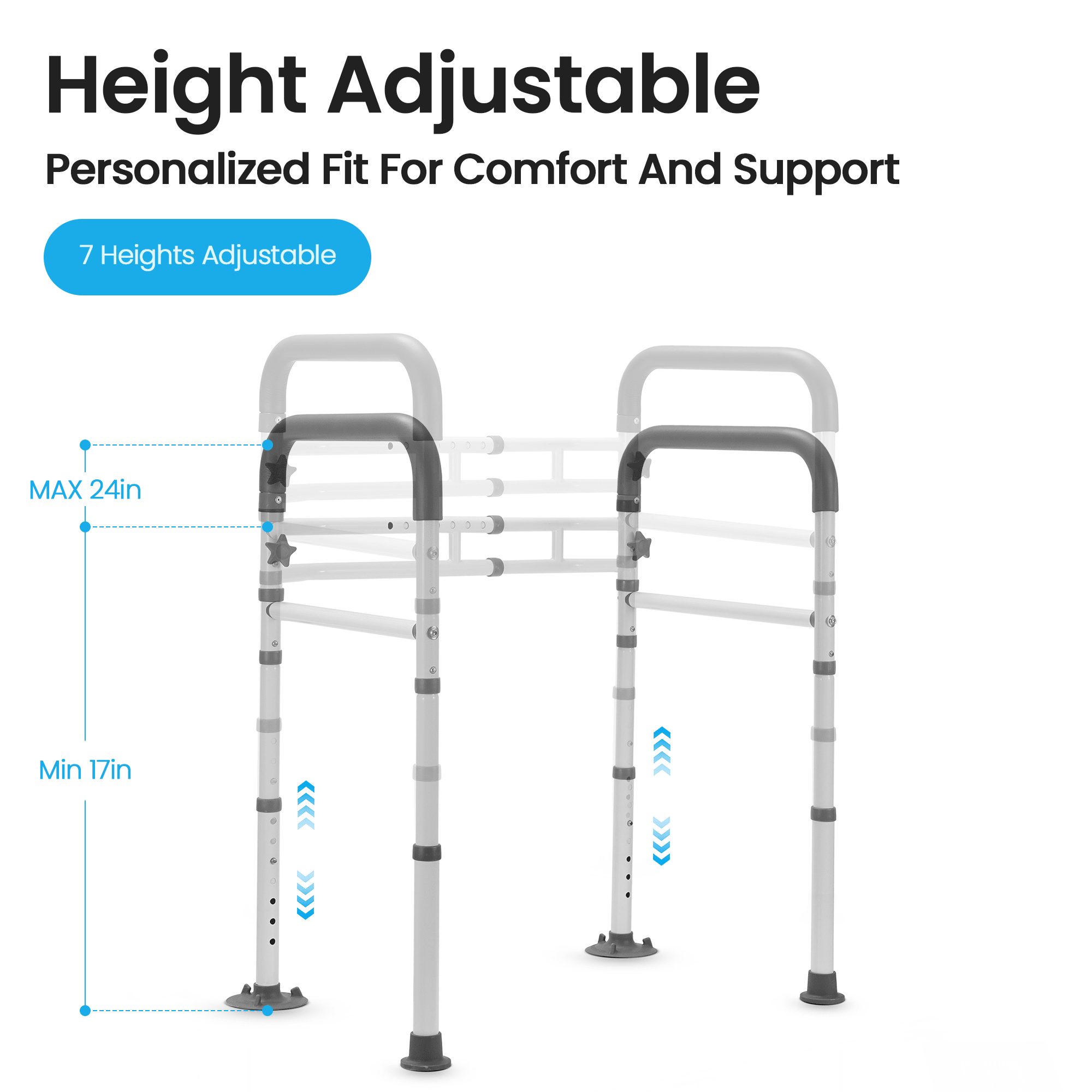 Naipo Toilet Safety Rails Frame with Handles for Seniors & Disabled, Adjustable Aluminium Supports up to 300Lbs, Fits Most Toilets - NAIPO