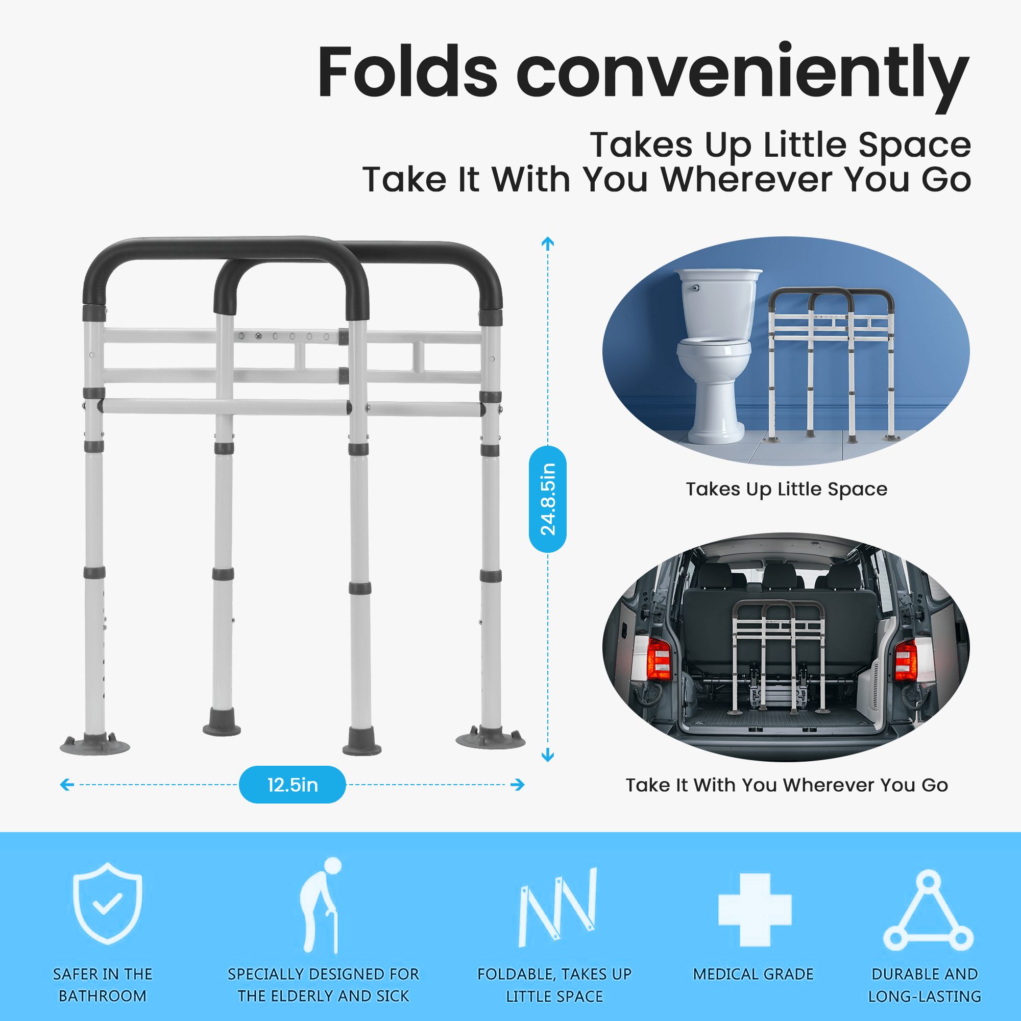 Naipo Toilet Safety Rails Frame with Handles for Seniors & Disabled, Adjustable Aluminium Supports up to 300Lbs, Fits Most Toilets - NAIPO