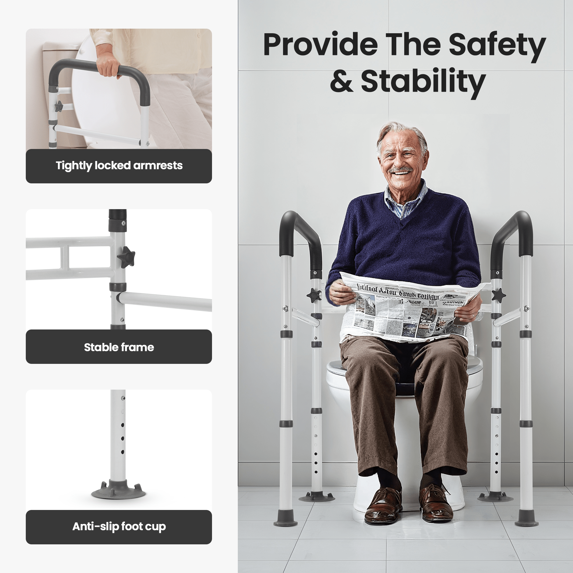 Naipo Toilet Safety Rails Frame with Handles for Seniors & Disabled, Adjustable Aluminium Supports up to 300Lbs, Fits Most Toilets - NAIPO