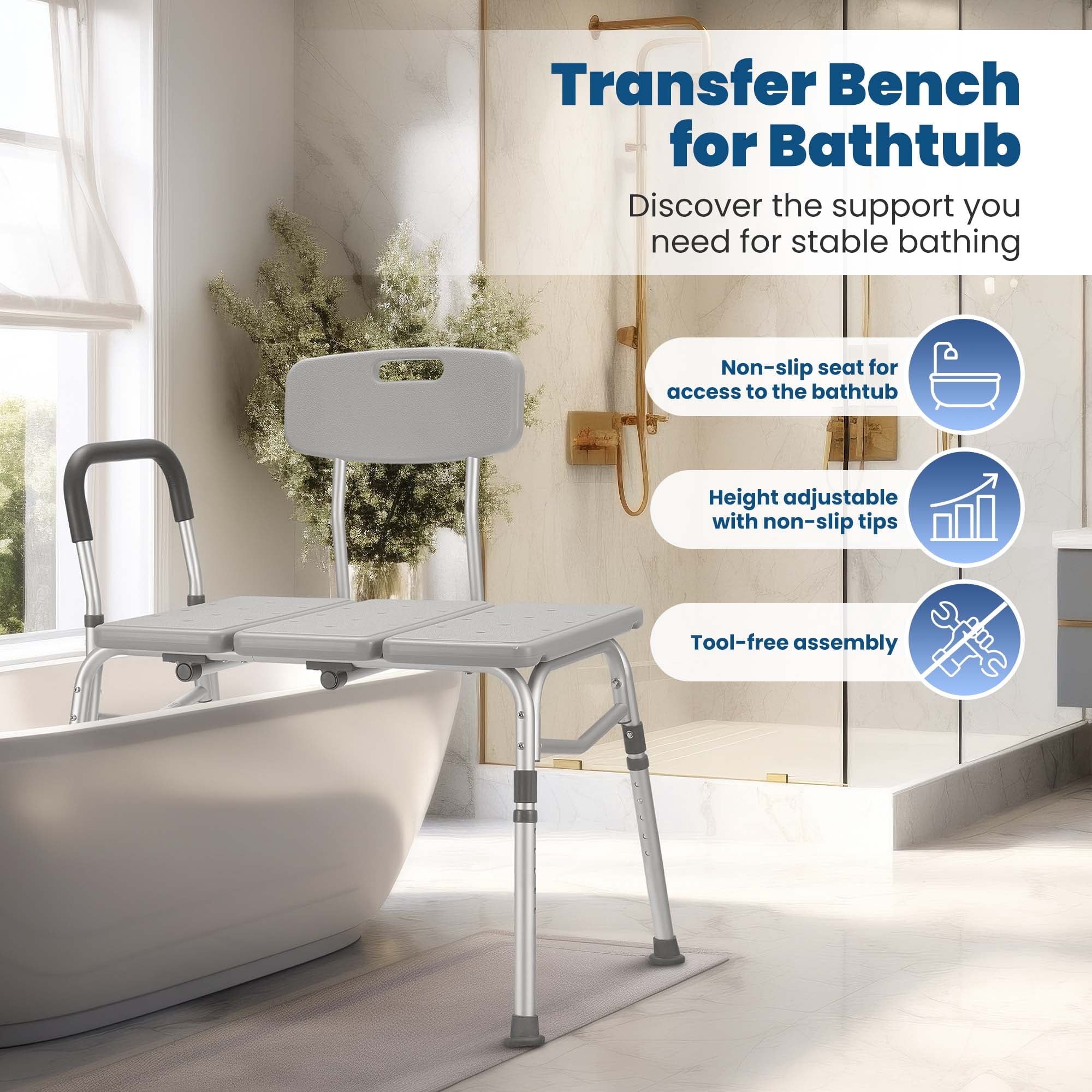 Naipo Transfer Bench for Bathtub, Height Adjustable Shower Bench Seat with Backrest, Bath Chair for Seniors, 300 Weight Capacity - NAIPO