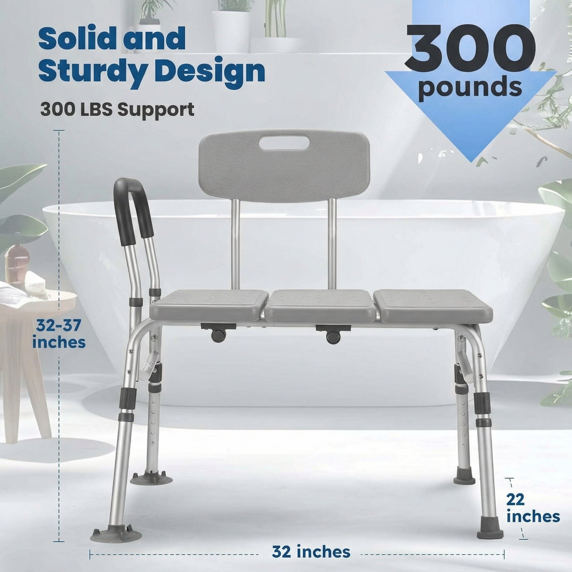 Naipo Transfer Bench for Bathtub, Height Adjustable Shower Bench Seat with Backrest, Bath Chair for Seniors, 300 Weight Capacity - NAIPO