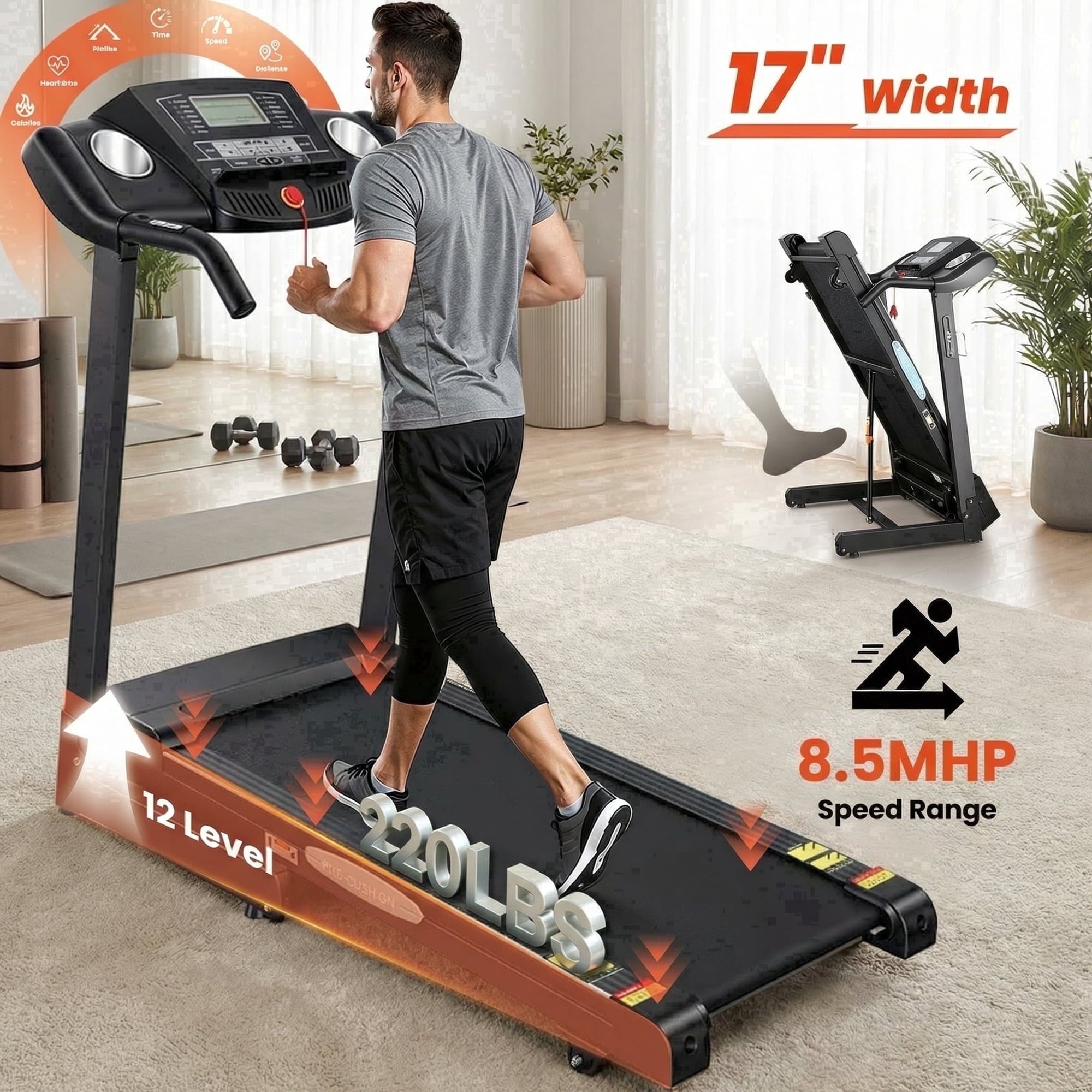 Naipo Treadmill with Auto 12Level Incline 15 Preset Foldable Treadmill 2.5 Horse Power Exercise Machine for Office Workout Gifts for Him - NAIPO