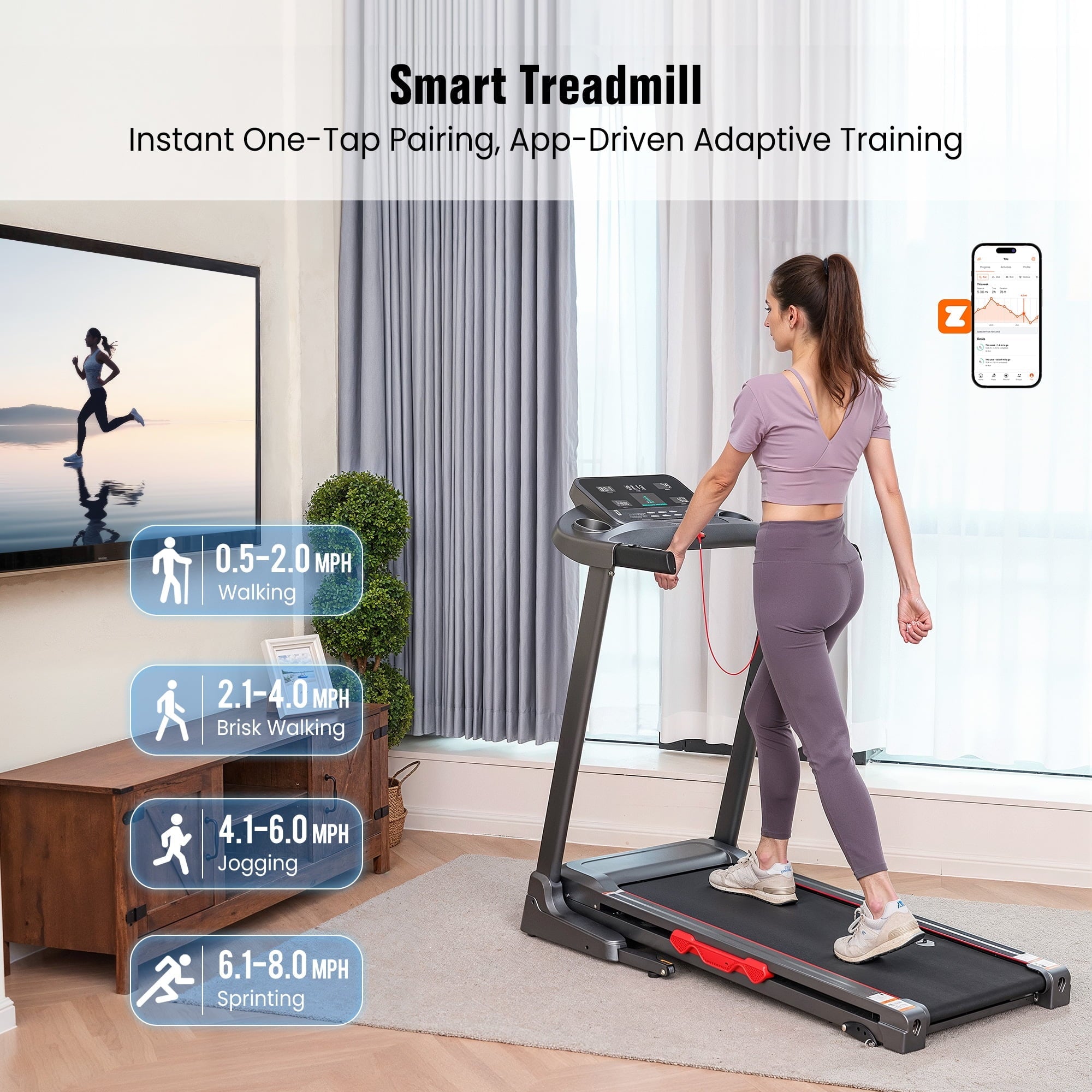 Naipo Treadmill with Zwift Smart APP 3% Manual Incline Foldable Running Machine 265LBS Electric Treadmill for Home Gym
