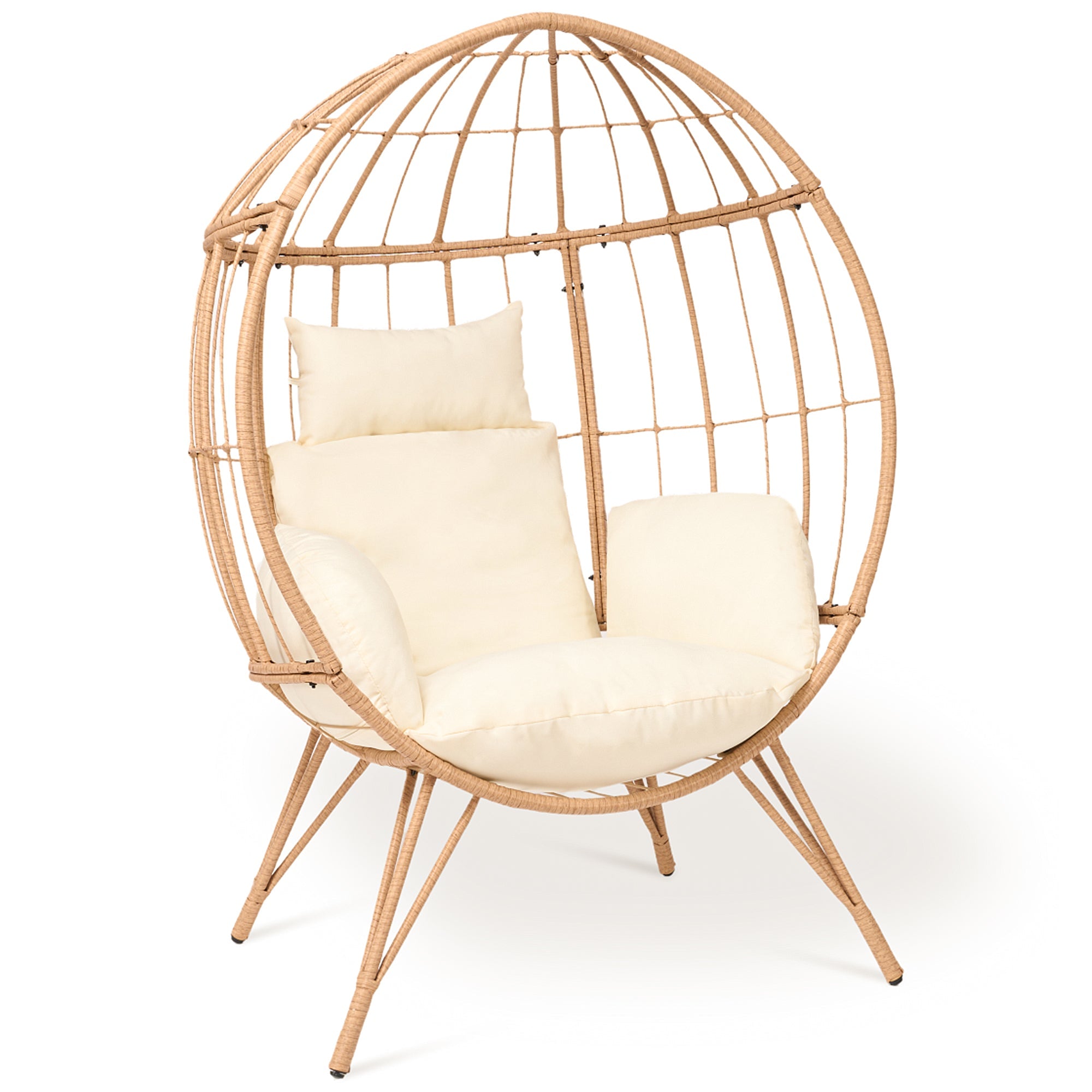 Naipo Wicker Egg Chair Outdoor Indoor Oversized Lounger with Stand and Cushions Papasan Egg Basket Chair 350lbs Capacity for Patio Porch Backyard Balcony - Beige - NAIPO