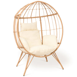 Naipo Wicker Egg Chair Outdoor Indoor Oversized Lounger with Stand and Cushions Papasan Egg Basket Chair 350lbs Capacity for Patio Porch Backyard Balcony - Beige - NAIPO