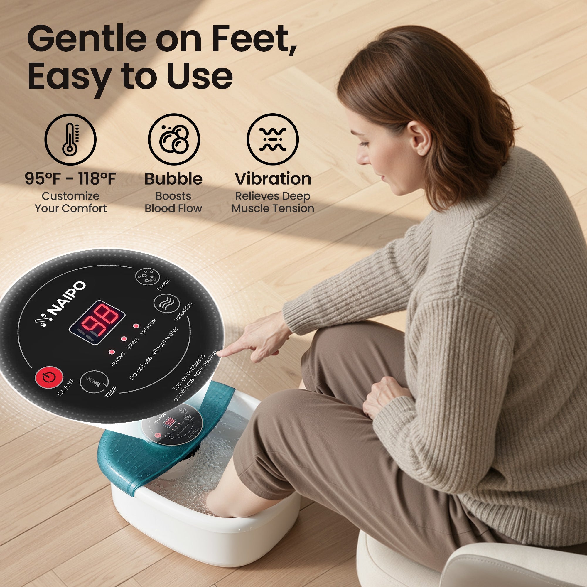 NAIPO XKAM - SPA18 Heated Bubble Foot Spa with Rollers - Christmas Gift for Him/Her - NAIPO