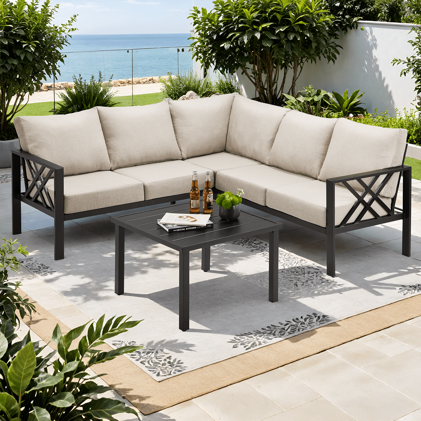 Outdoor Patio Furniture sets, All-Metal Patio Furniture Sets Patio Sets Clearance, Coffee Table L-Shaped Patio Couch with Cushions, Patio Conversation Sets , Black