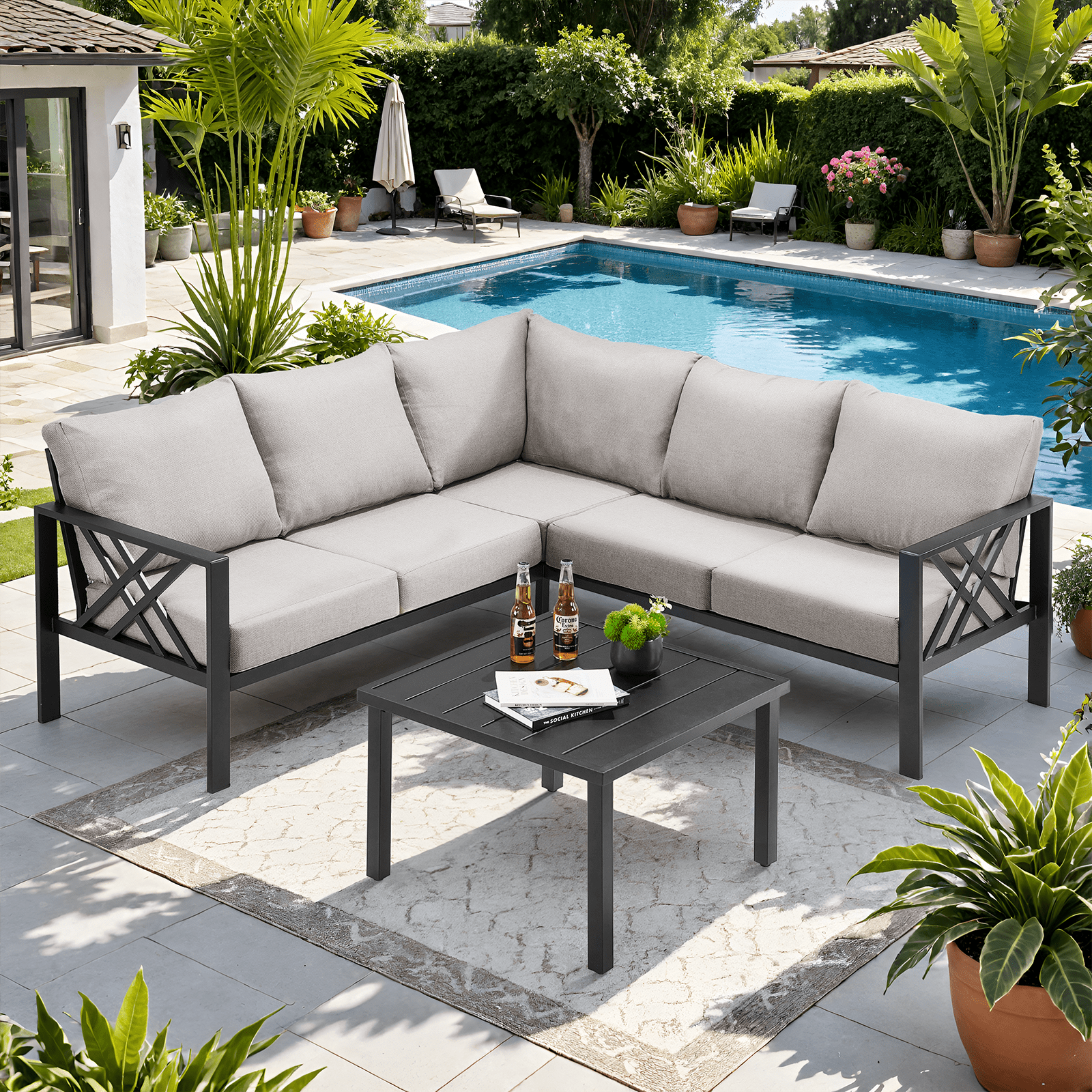 Outdoor Patio Furniture sets, All - Metal Patio Furniture Sets Patio Sets Clearance, Coffee Table L - Shaped Patio Couch with Cushions, Patio Conversation Sets , Grey - NAIPO